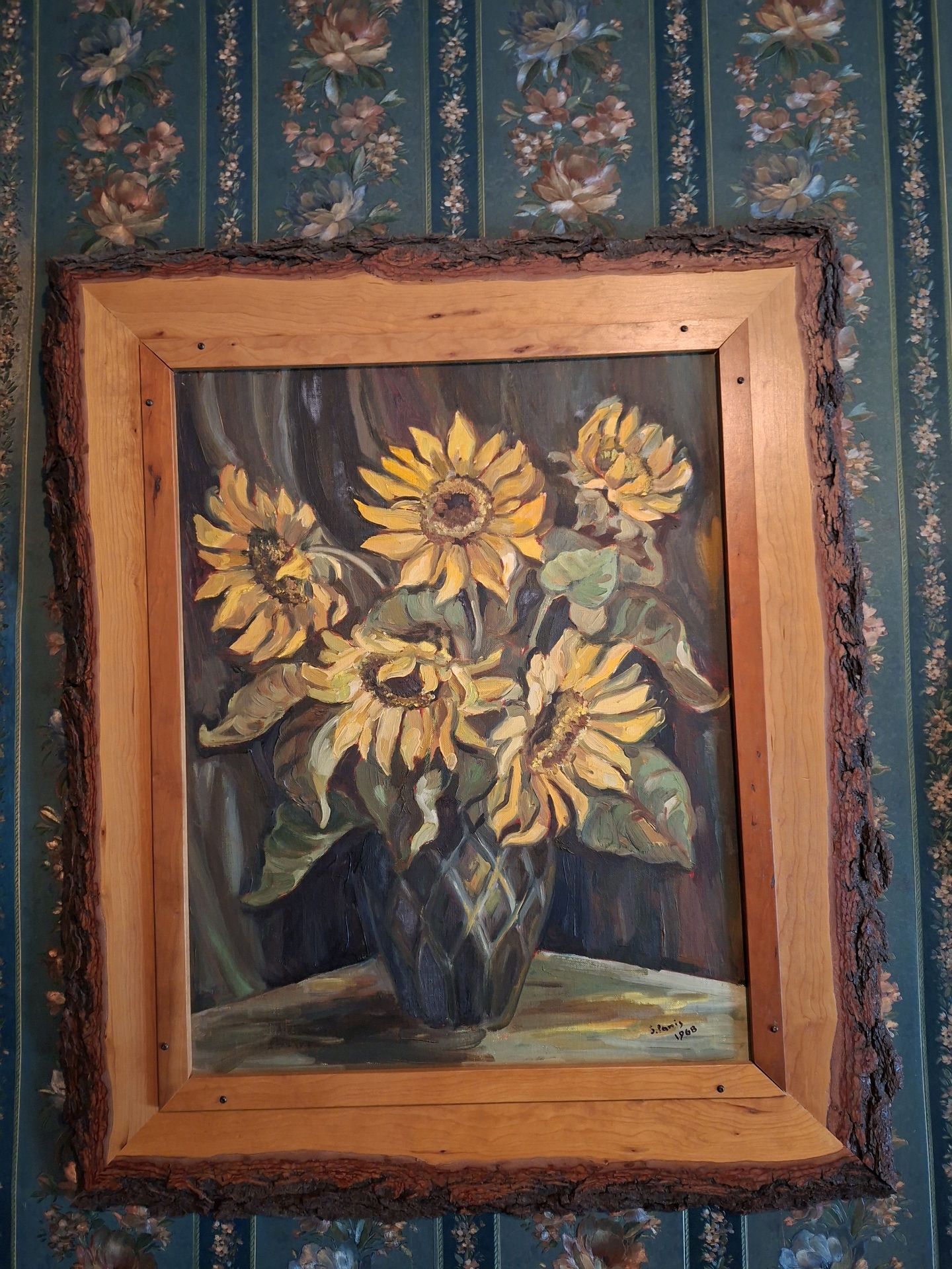 Framed Sunflower Oil Painting In Gorgeous Live Edge Frame - image 1 of 5