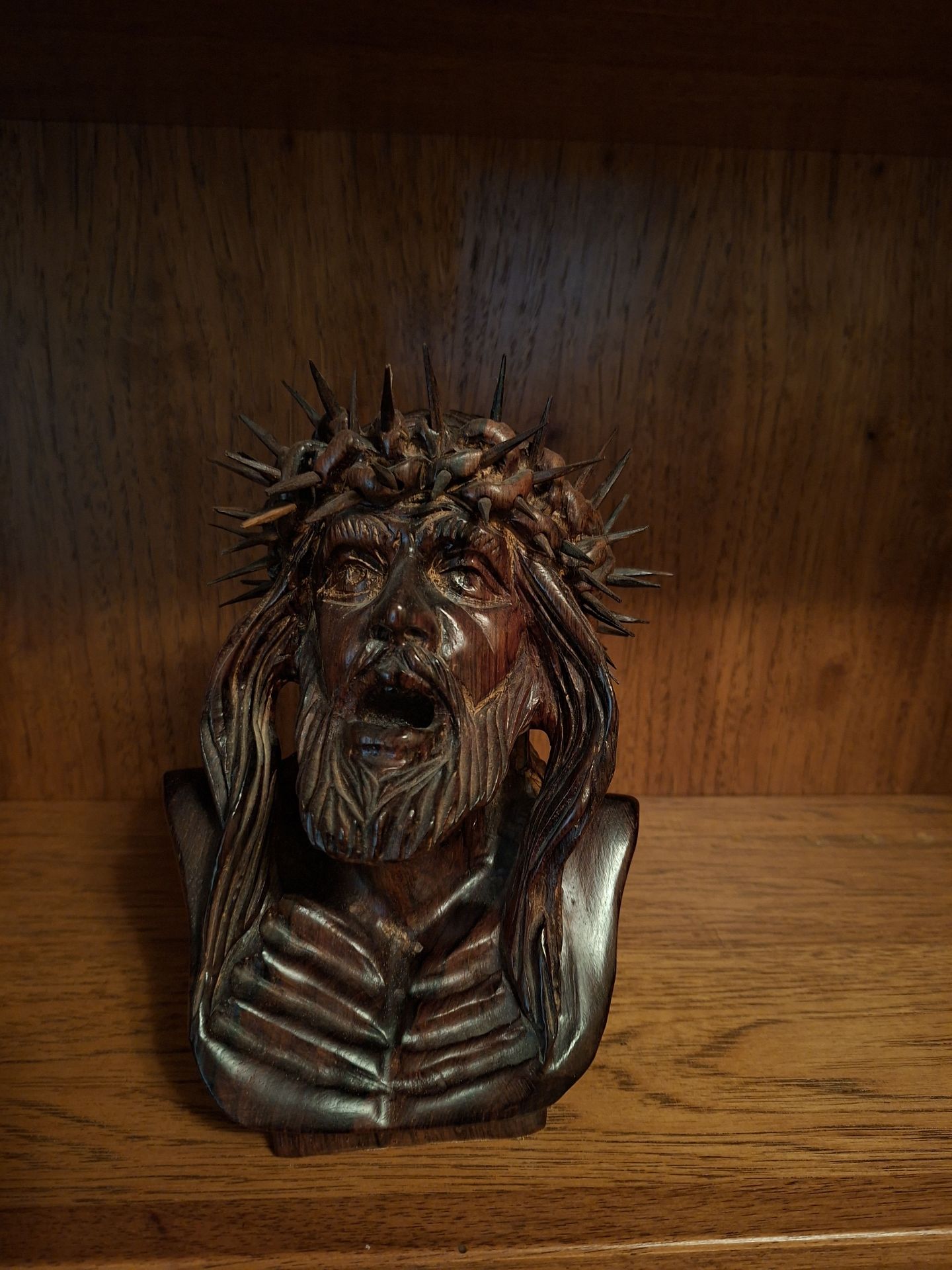 Hand Carved Wooden Bust of Jesus with Crown of Thorns - image 1 of 7