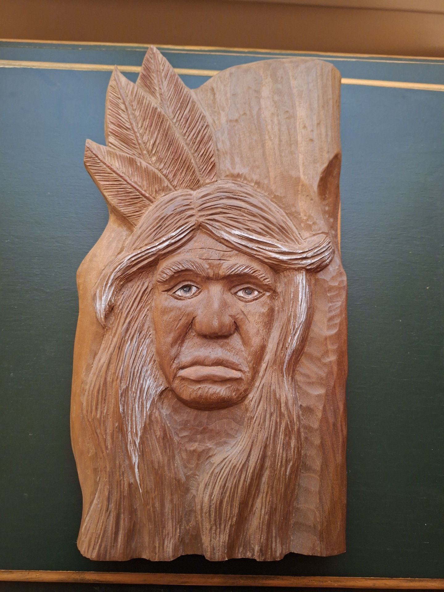 Signed Wooden Native American Relief Carving - image 1 of 6