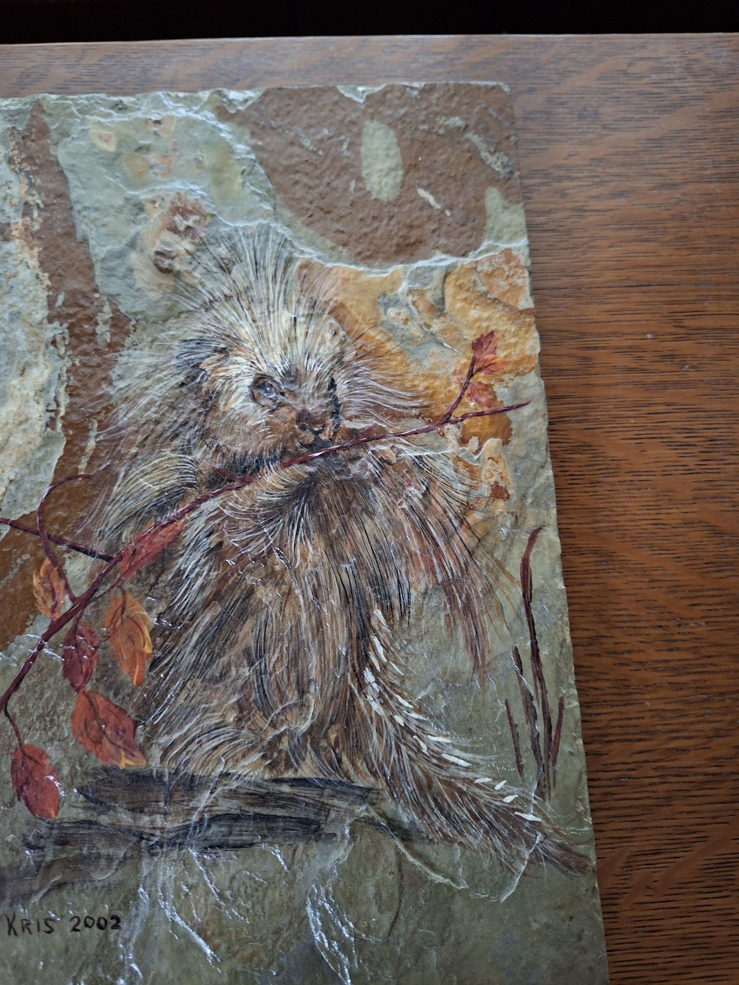 Signed Porcupine Painting on Slate, "Kris 2002" - image 2 of 5