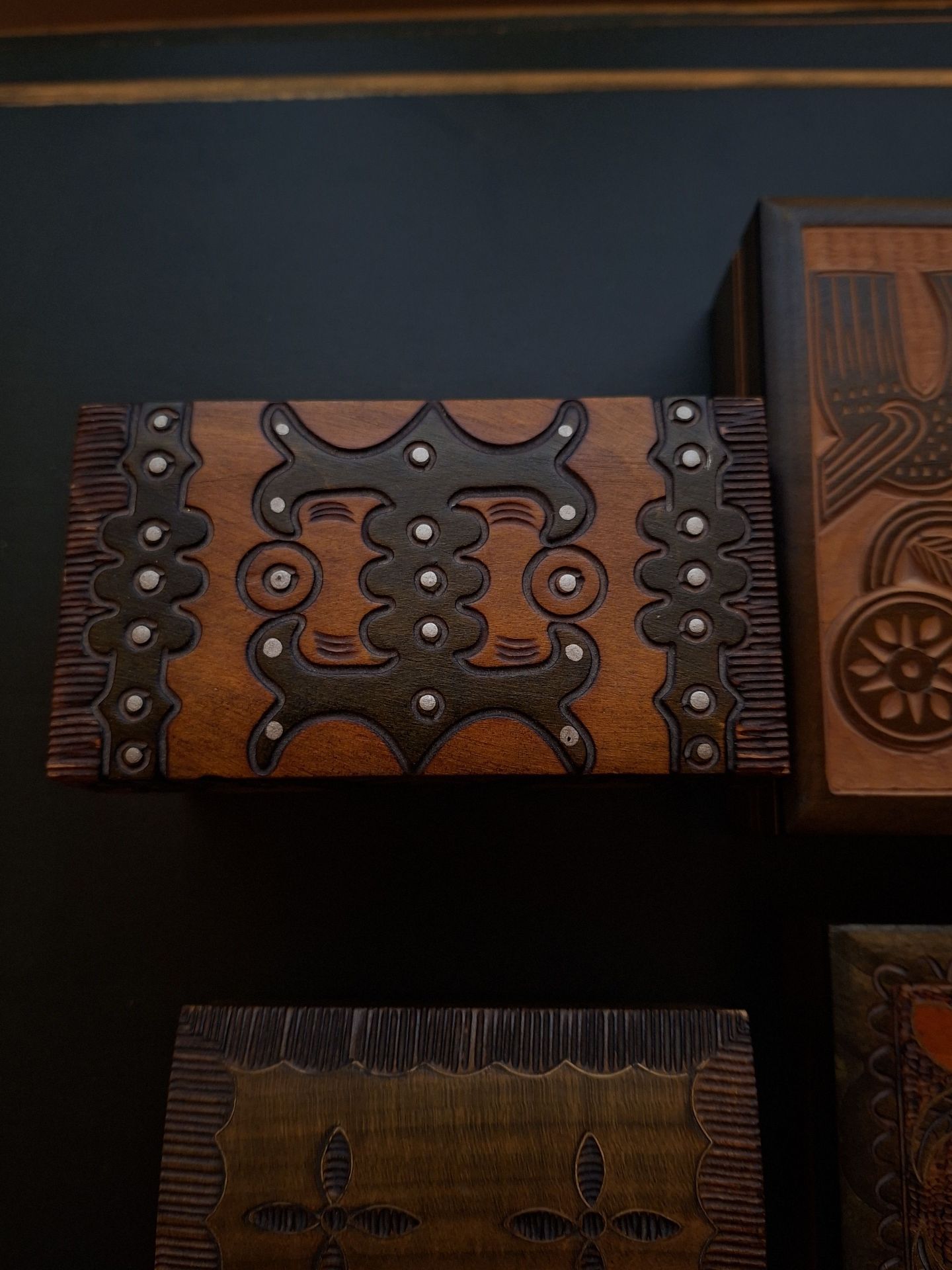 Set of Four Carved Wooden Boxes - image 3 of 7