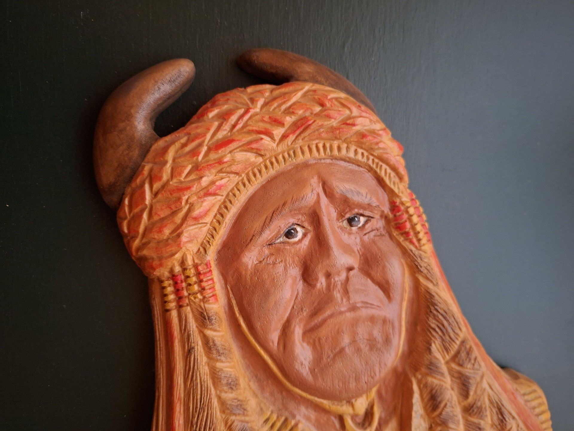 Hand-Carved Wooden Native American Wall Plaque, SIGNED - image 2 of 5