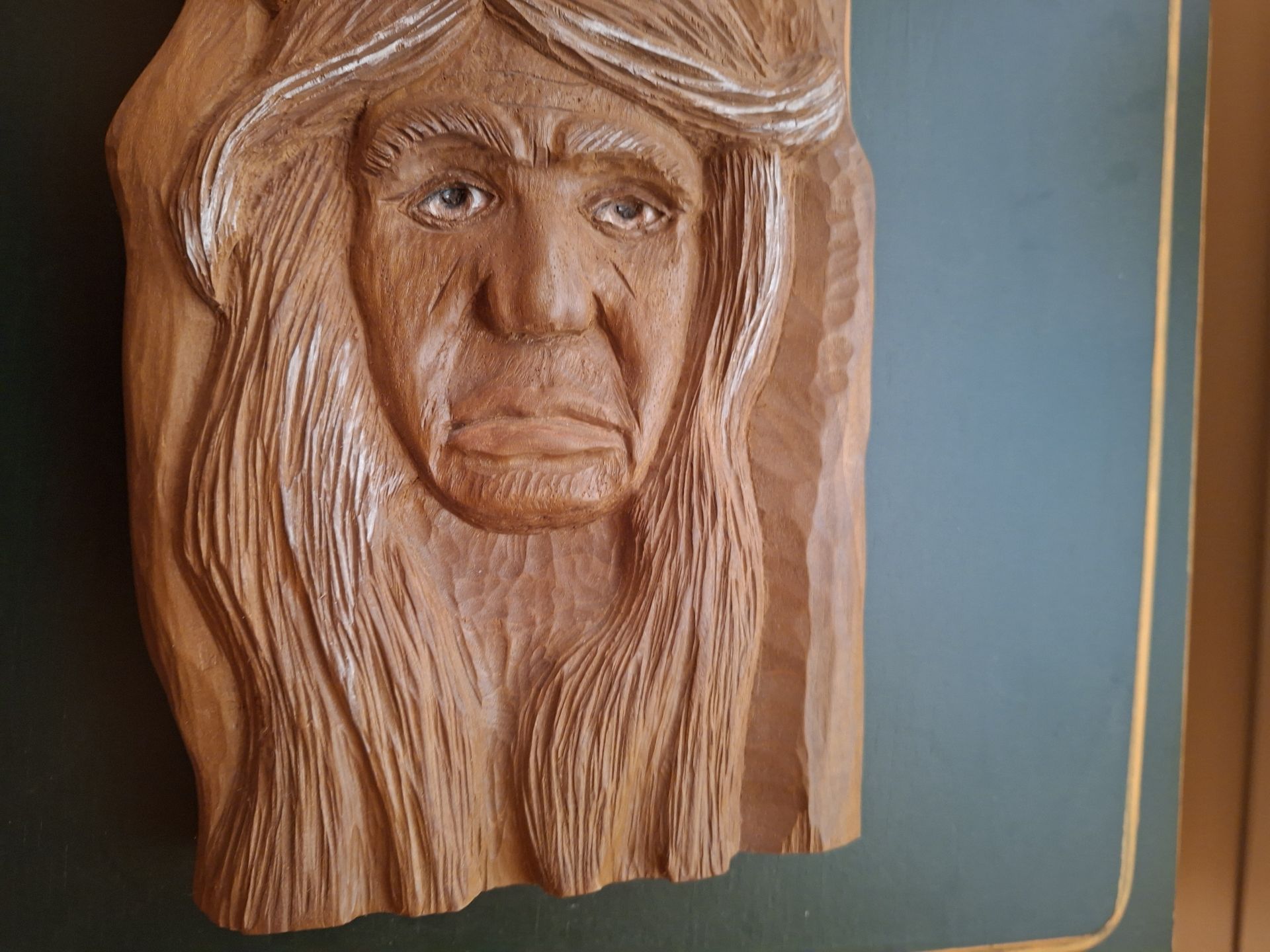 Signed Wooden Native American Relief Carving - image 3 of 6
