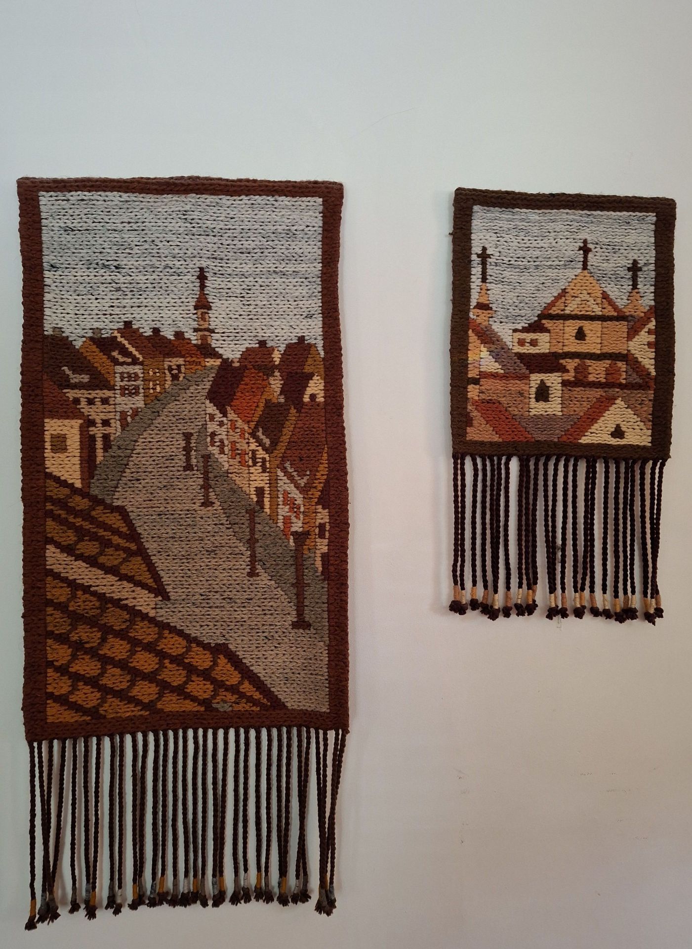 Pair of Beautiful Vintage Woven Wall Hangings with Village Scenes - image 1 of 9