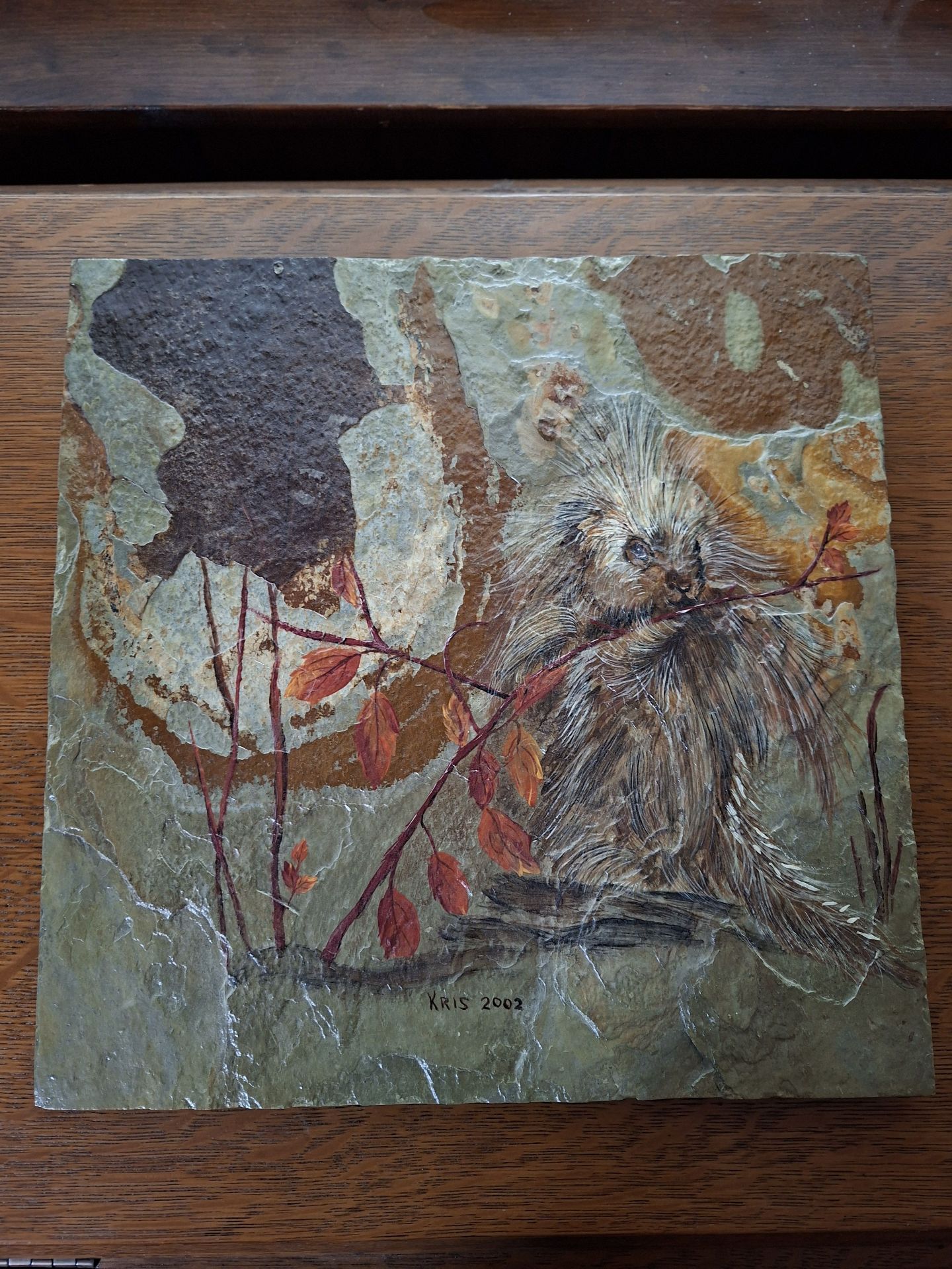 Signed Porcupine Painting on  Slate, "Kris 2002" - image 4 of 5