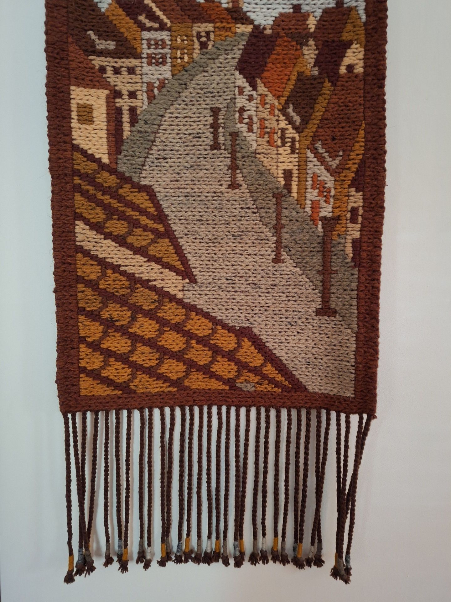 Pair of Beautiful Vintage Woven Wall Hangings with Village Scenes - image 2 of 9