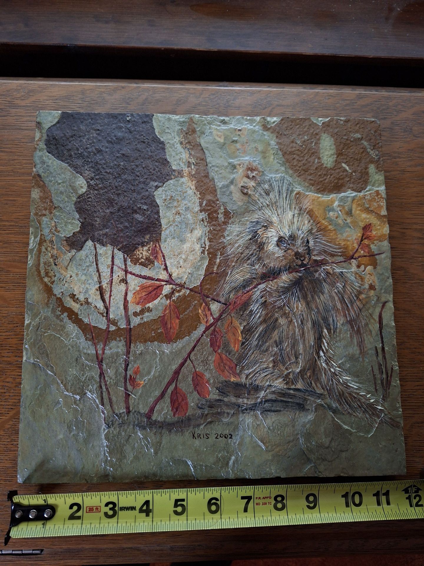 Signed Porcupine Painting on Slate, "Kris 2002" - image 1 of 5