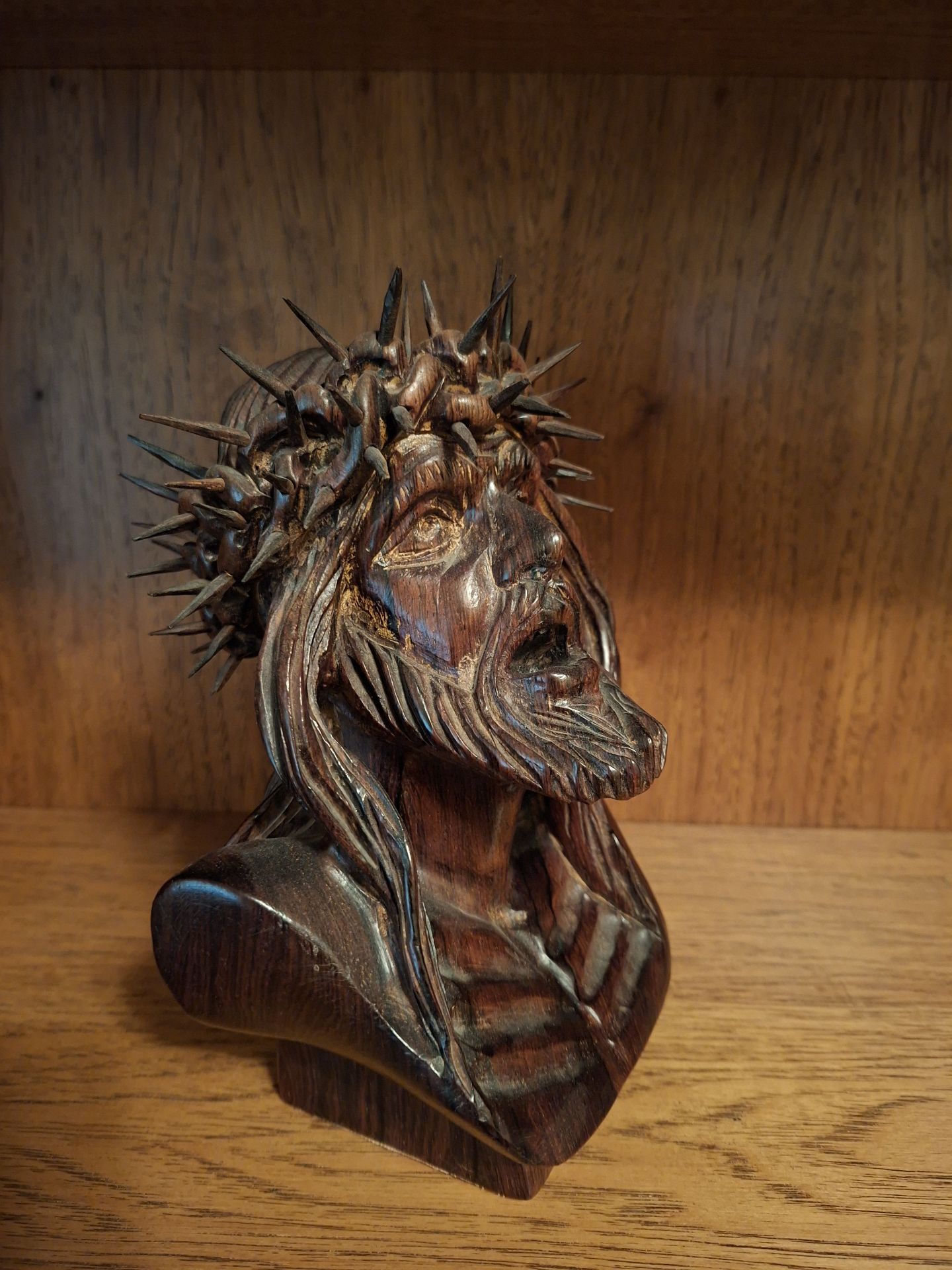 Hand Carved Wooden Bust of Jesus with Crown of Thorns - image 2 of 7