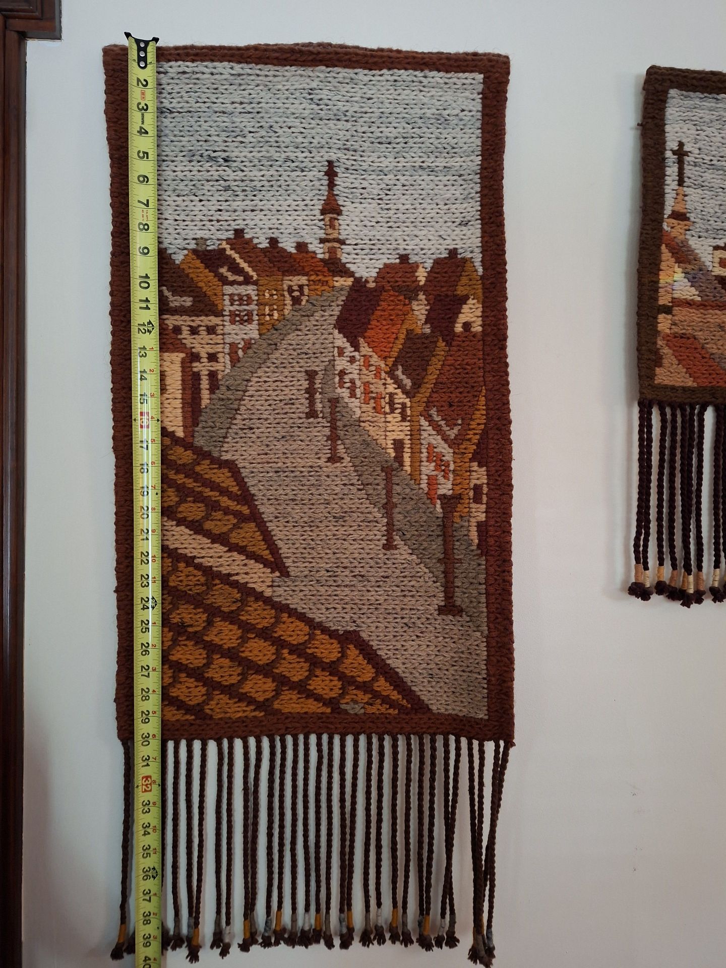 Pair of Beautiful Vintage Woven Wall Hangings with Village Scenes - image 6 of 9