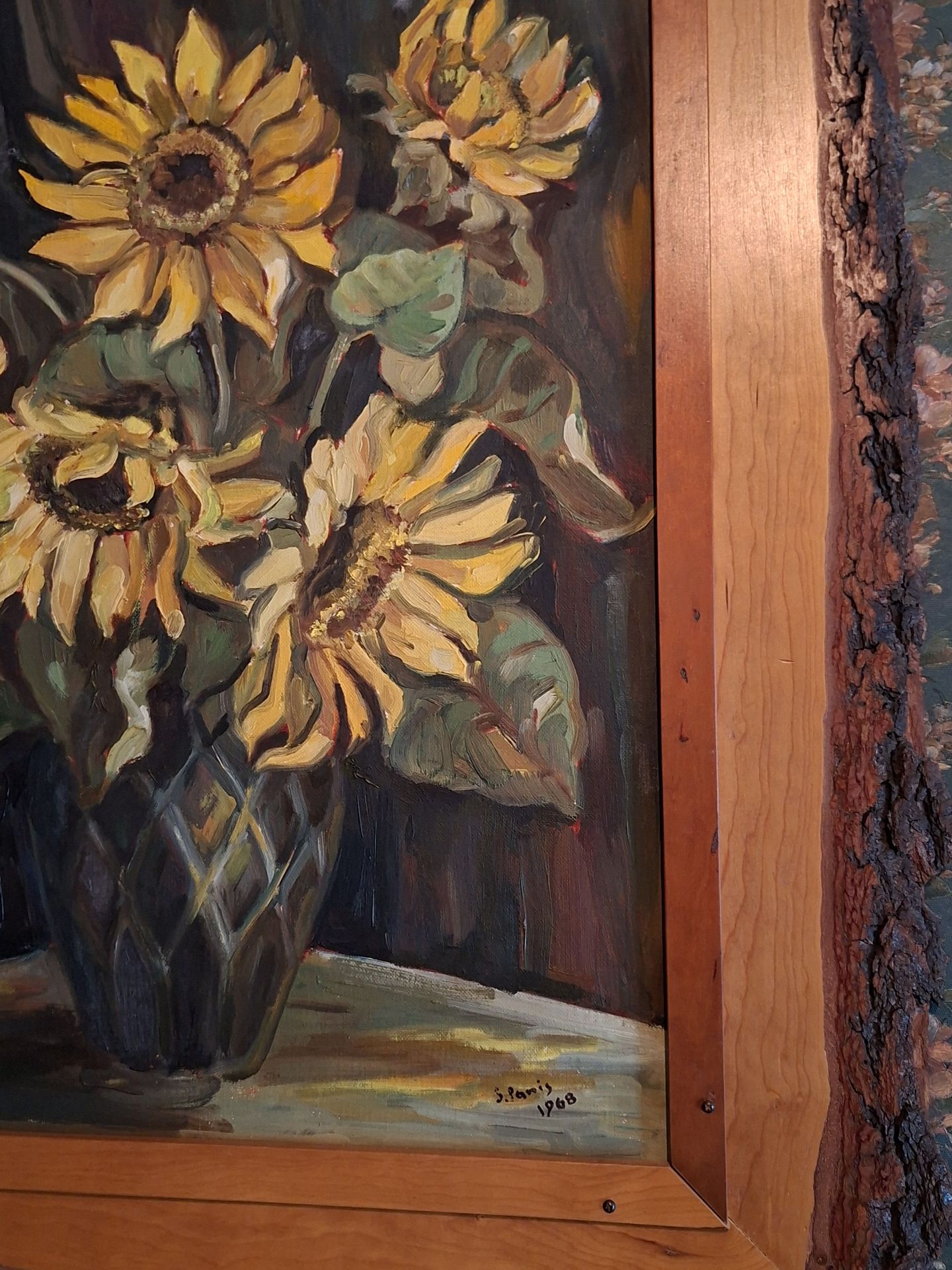 Framed Sunflower Oil Painting In Gorgeous Live Edge Frame - image 2 of 5