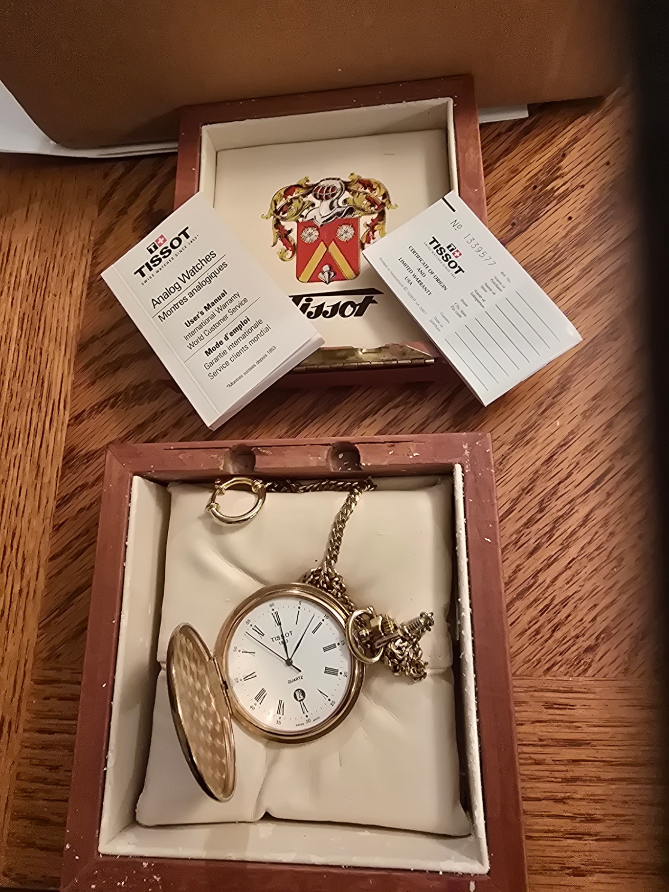 Monogramed Tissot pocket watch with chain in presentation box and manuals - image 1 of 10