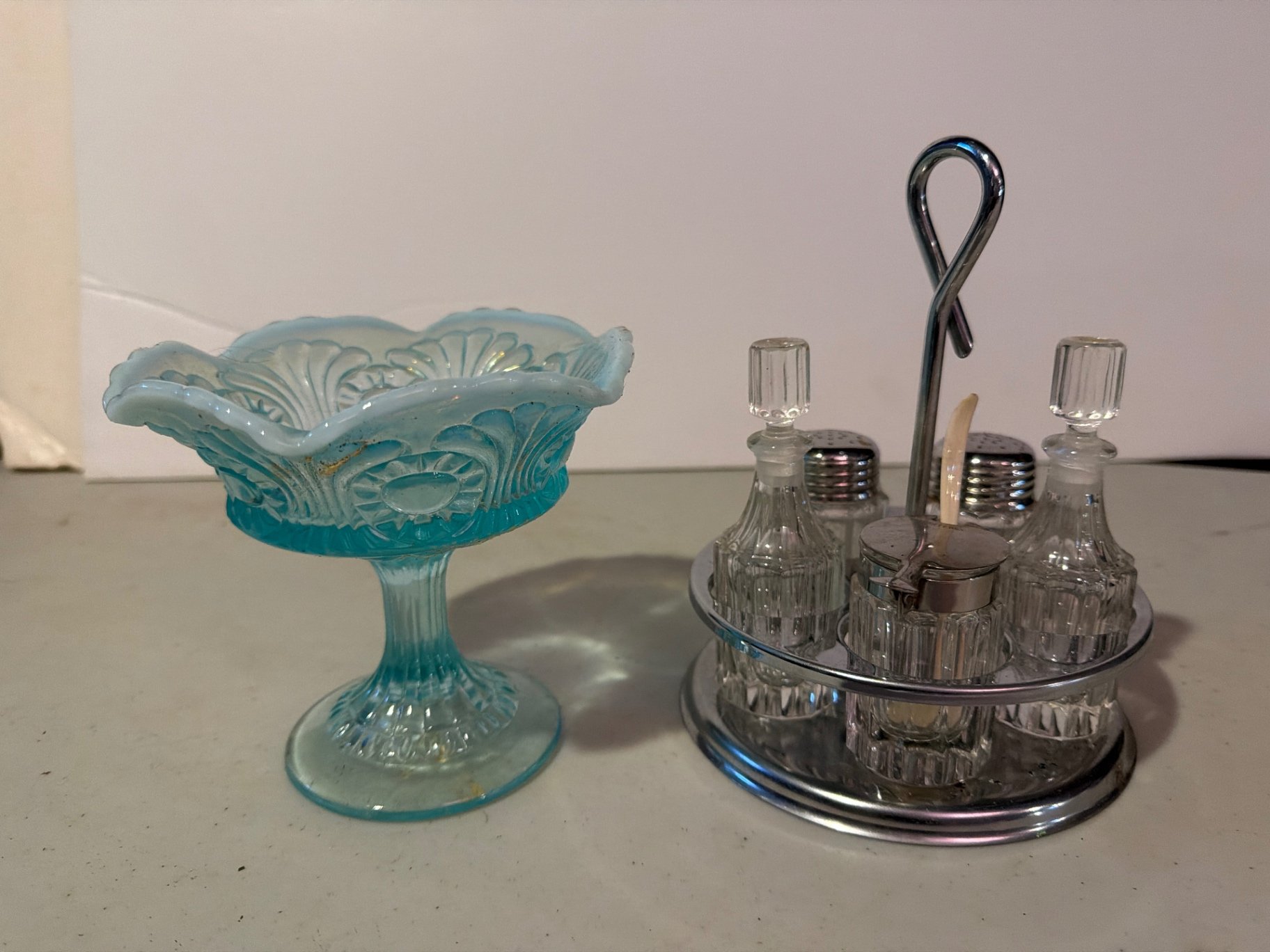 Blue glass pedestal compote and spice cruet set - image 1 of 11