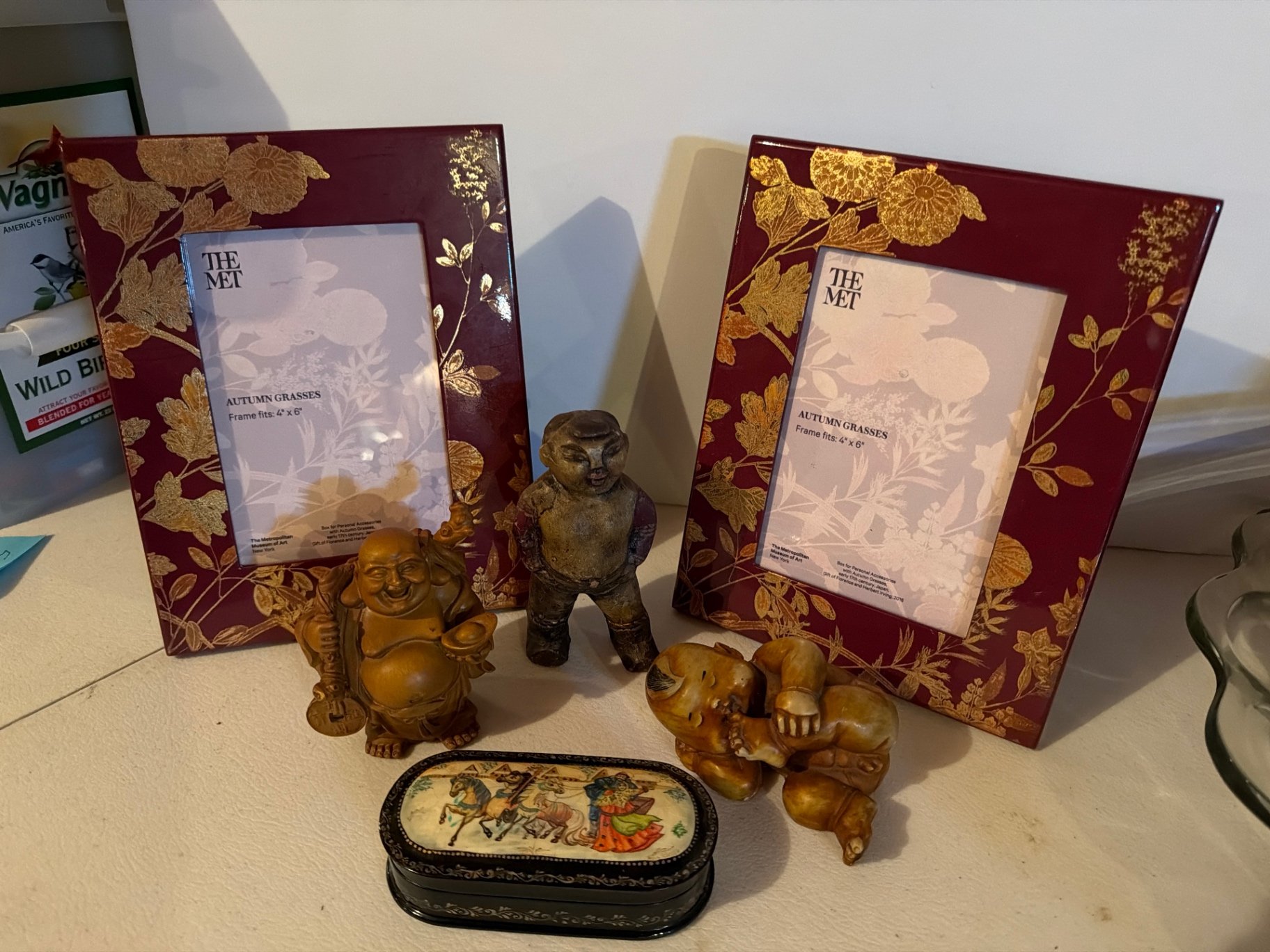 Pair of burgundy floral photo frames with wooden laughing Buddha figurines and decorative box - image 1 of 13