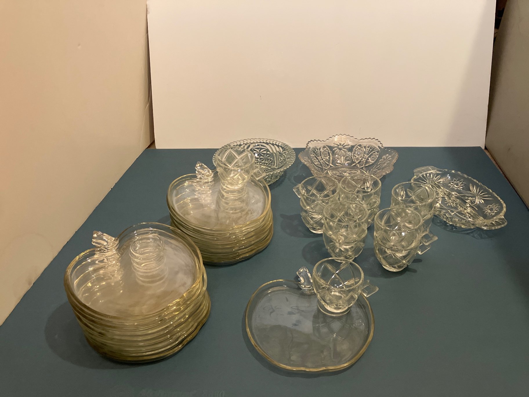 Clear etched glassware set with plates, bowls, lids, and cups - image 1 of 8