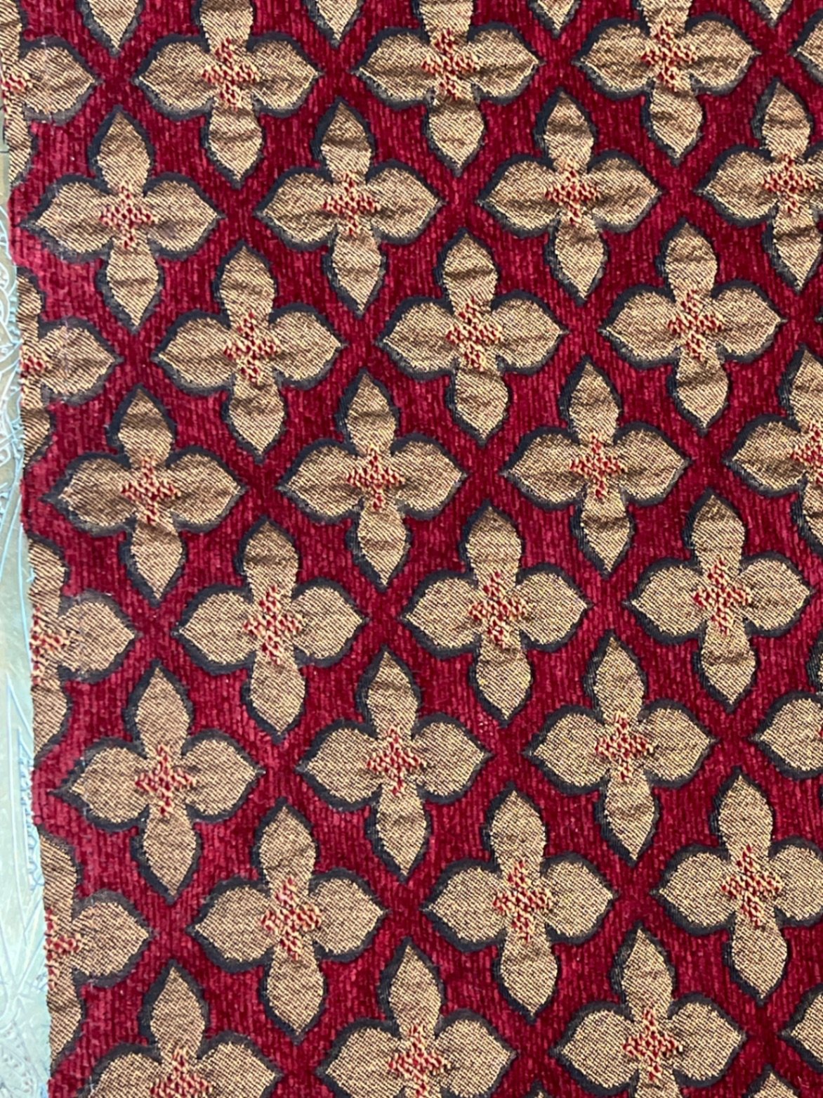 Round brass engraved tray/table with carved wooden chair frame, and red patterned rug - image 11 of 11