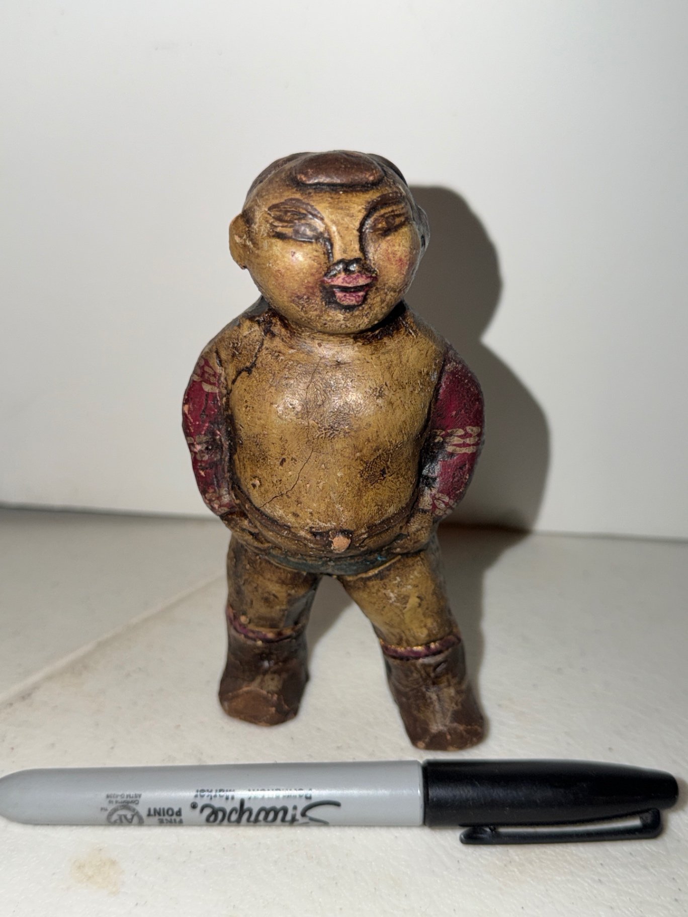 Pair of burgundy floral photo frames with wooden laughing Buddha figurines and decorative box - image 7 of 13