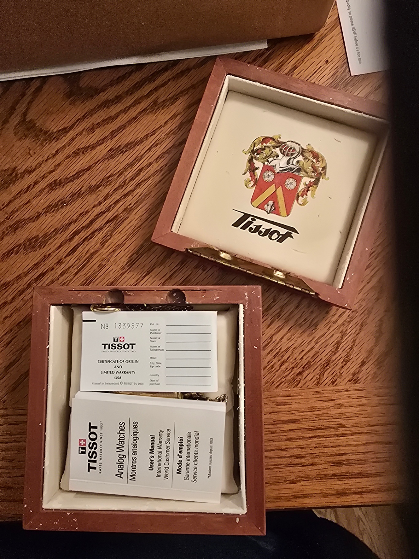 Monogramed Tissot pocket watch with chain in presentation box and manuals - image 2 of 10
