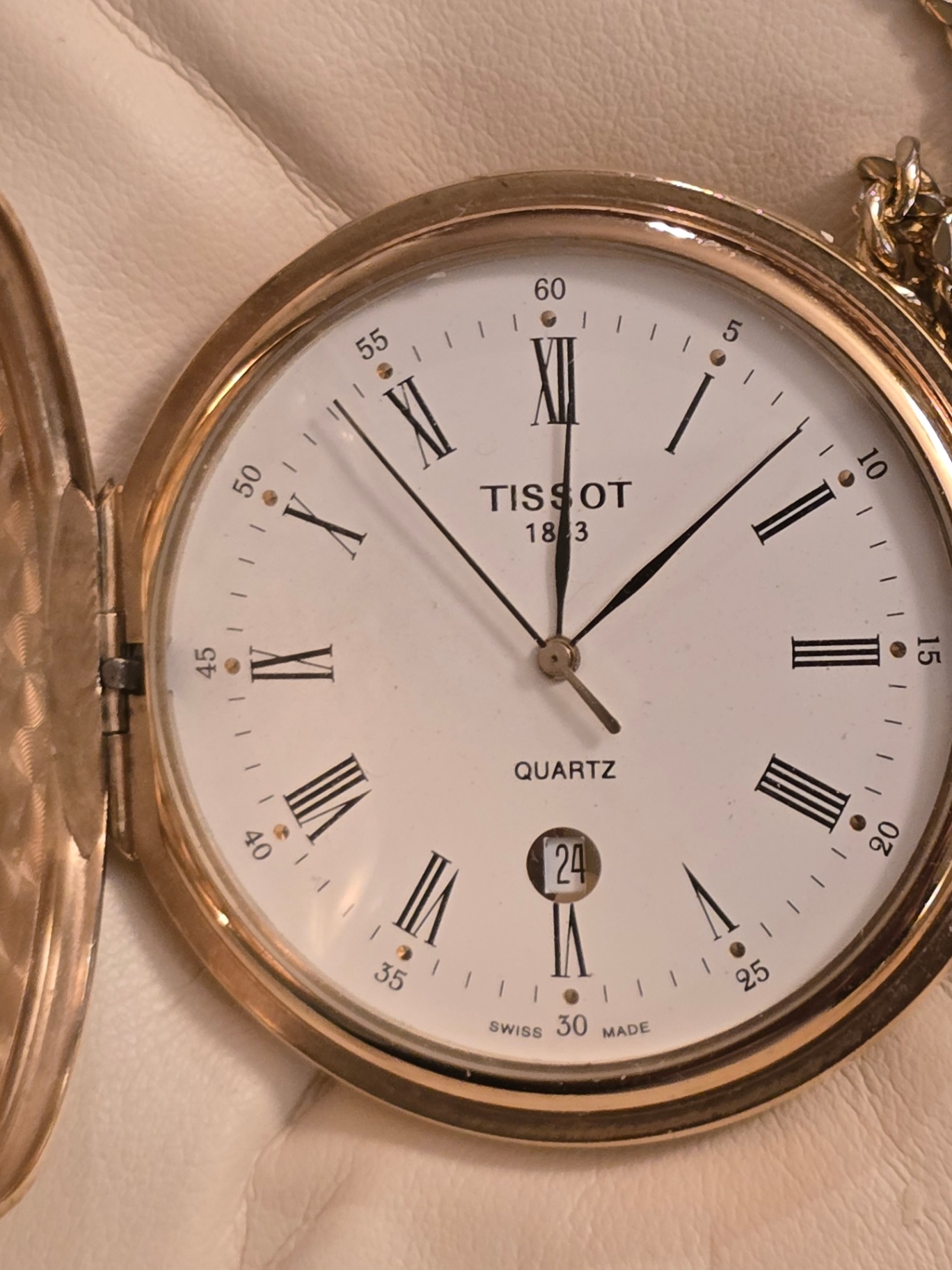 Monogramed Tissot pocket watch with chain in presentation box and manuals - image 3 of 10
