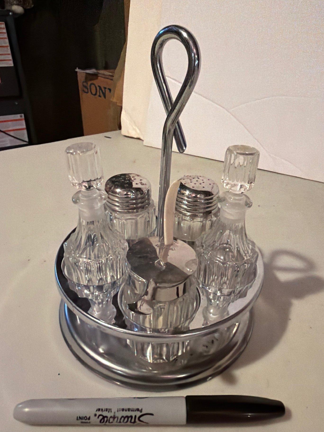 Blue glass pedestal compote and spice cruet set - image 6 of 11