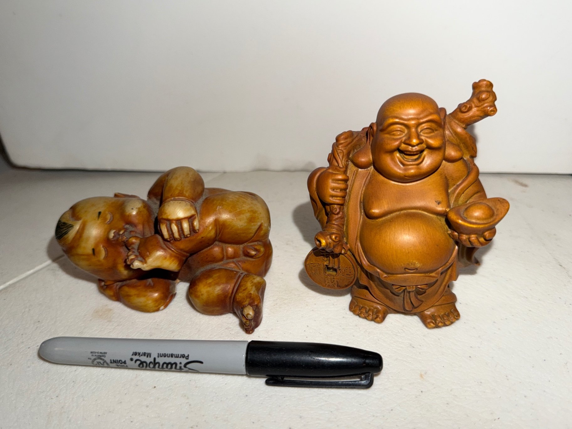 Pair of burgundy floral photo frames with wooden laughing Buddha figurines and decorative box - image 4 of 13