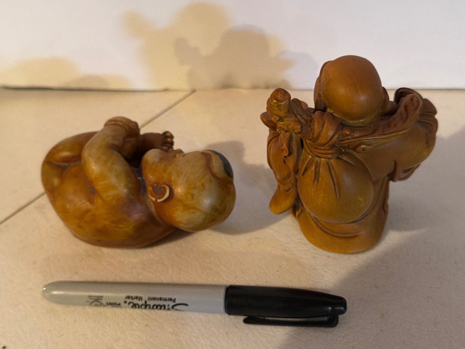 Pair of burgundy floral photo frames with wooden laughing Buddha figurines and decorative box - image 5 of 13
