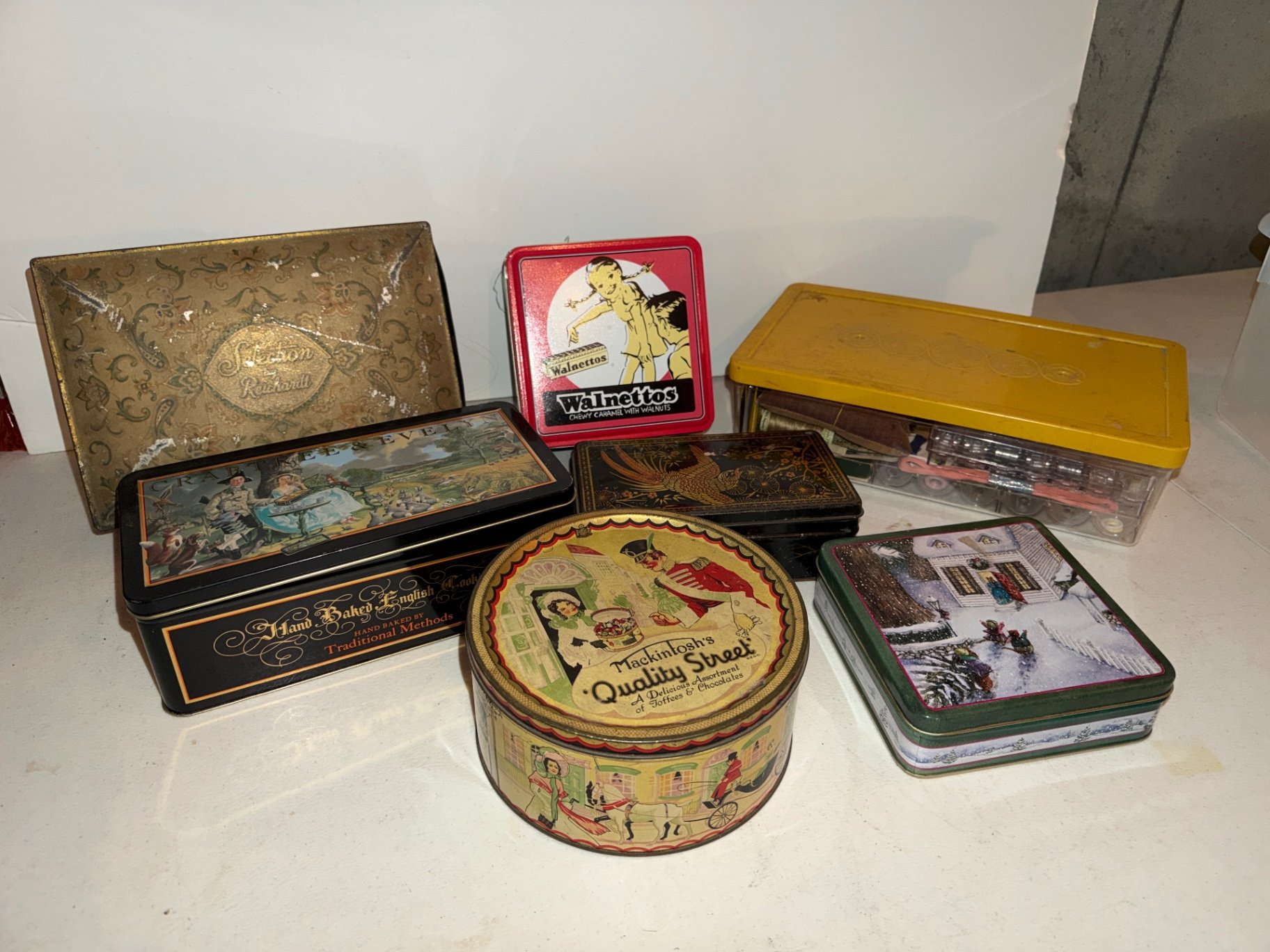 Assorted vintage metal tins and sewing accessories  - image 1 of 14