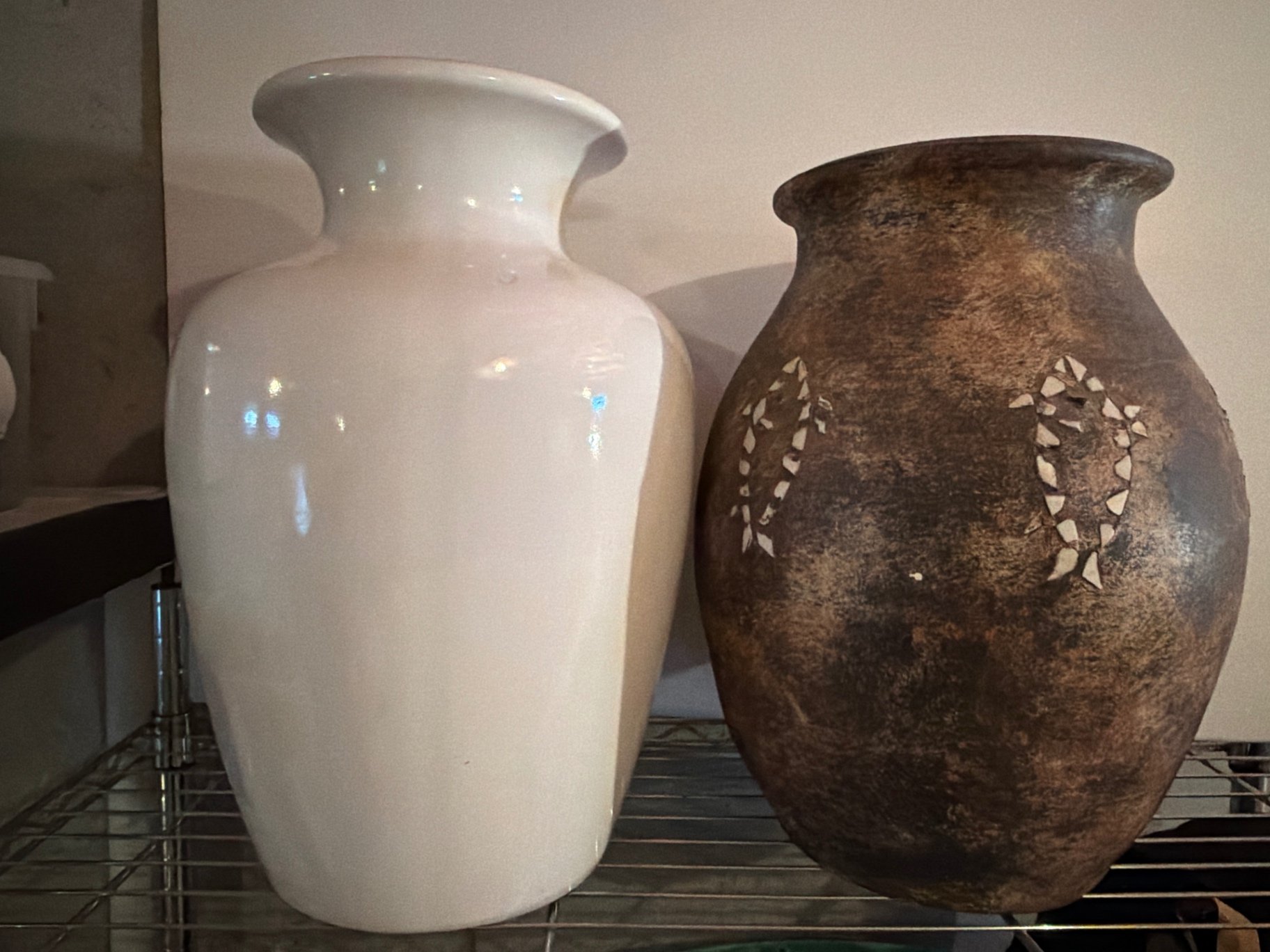 White glazed vase and brown mosaic-inlaid vase - image 1 of 8
