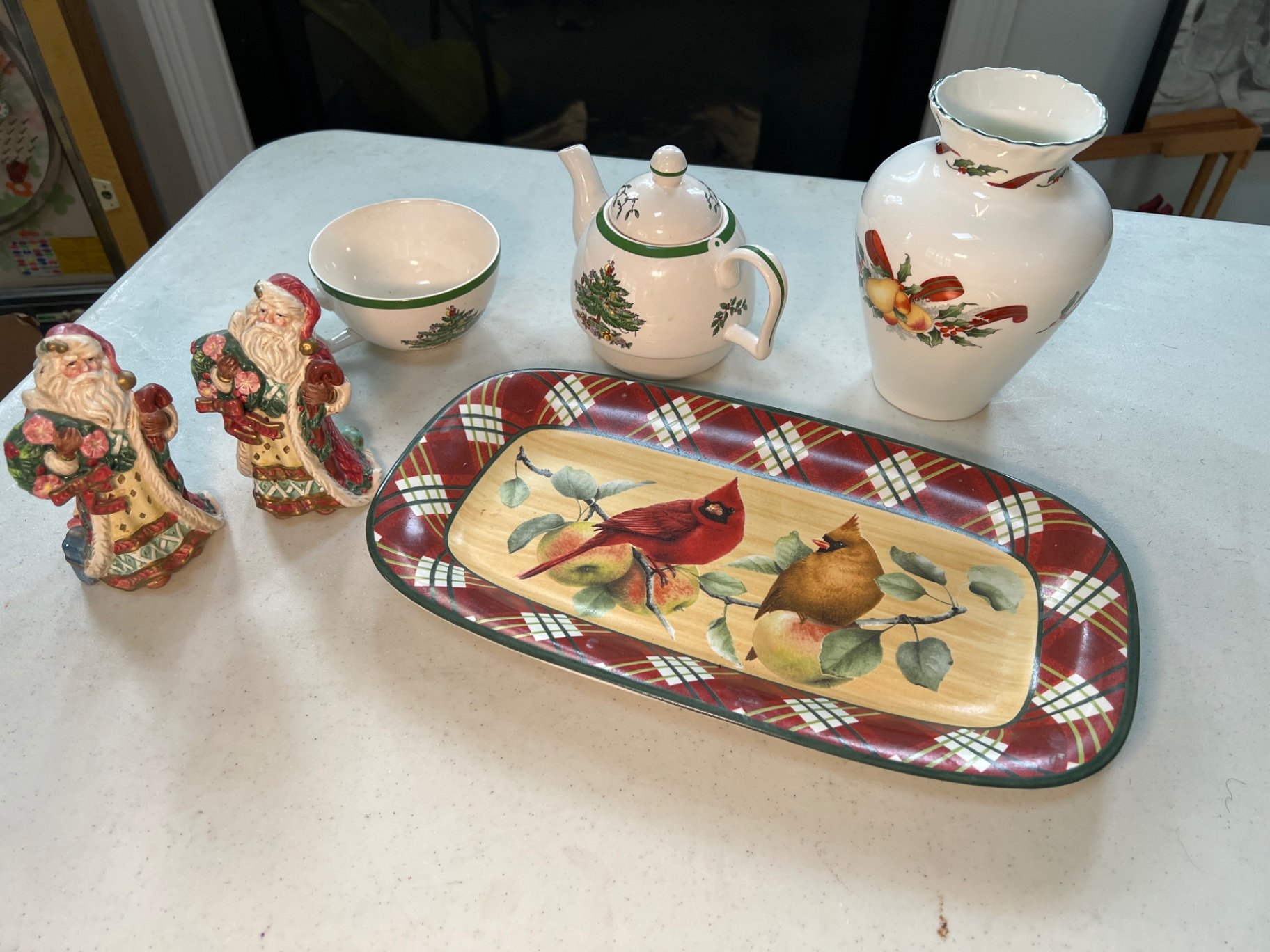 Christmas-themed ceramic tea ware with figurines and tray - image 1 of 10