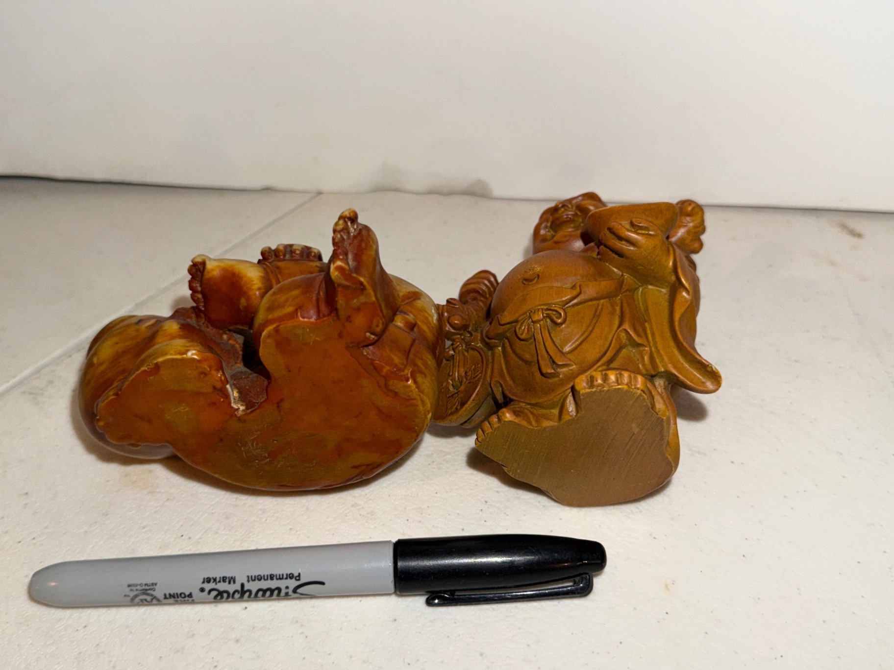 Pair of burgundy floral photo frames with wooden laughing Buddha figurines and decorative box - image 6 of 13