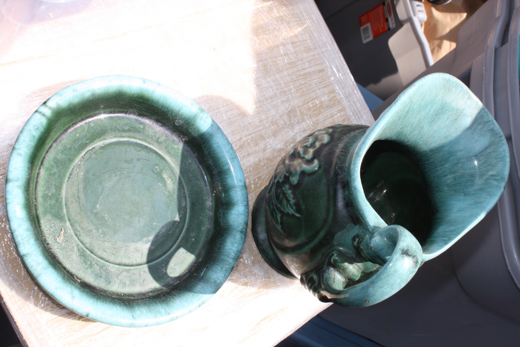dark mottled green Dartmouth Pottery gurgle jug and saucer - image 4 of 6