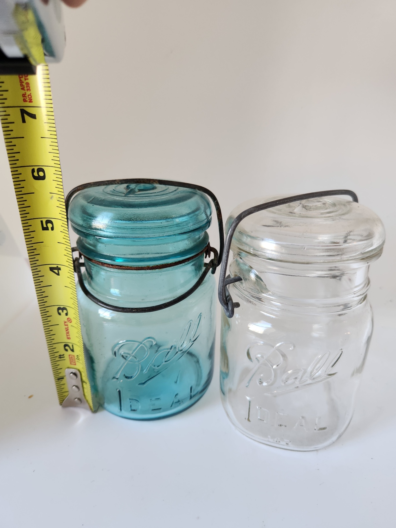 air of Antique Ball “IDEAL” Wire Bail Canning Jars – Aqua & Clear Glass w/ Original Lids, c.1910–1920 - image 3 of 6