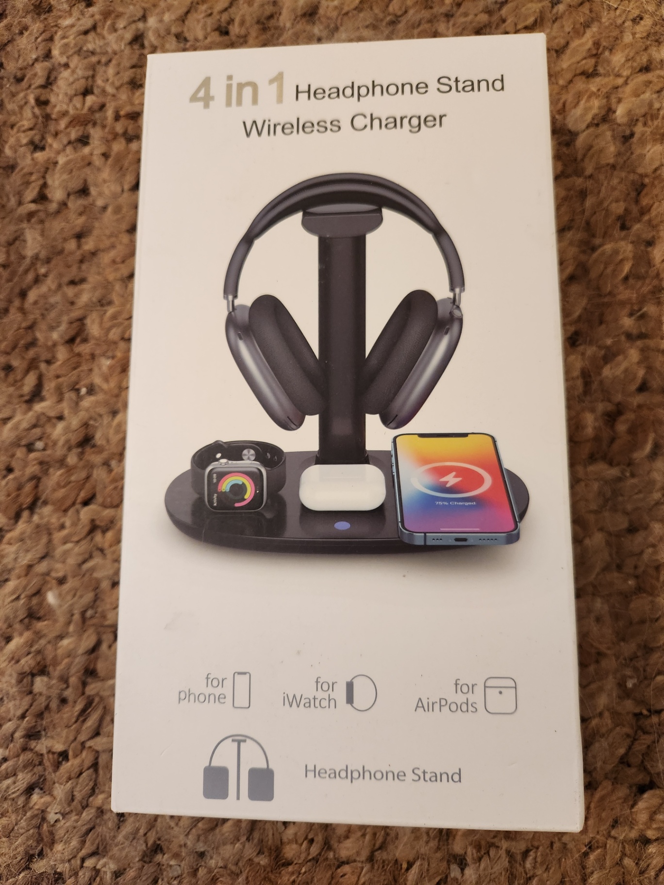 4-in-1 Headphone Stand Wireless Charger – Phone, Smart Watch & Earbuds Charging Station (Black) – New in Box (Apple products) - image 1 of 2