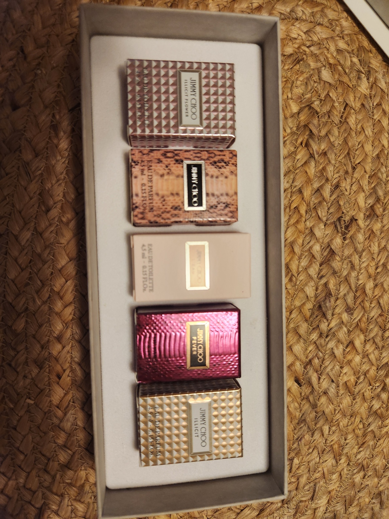 Jimmy Choo Mini Perfume Set — Illicit Flower, Jimmy Choo, L’Eau, Fever, Illicit (4.5 ml ea) New in Box and unusued - image 5 of 5