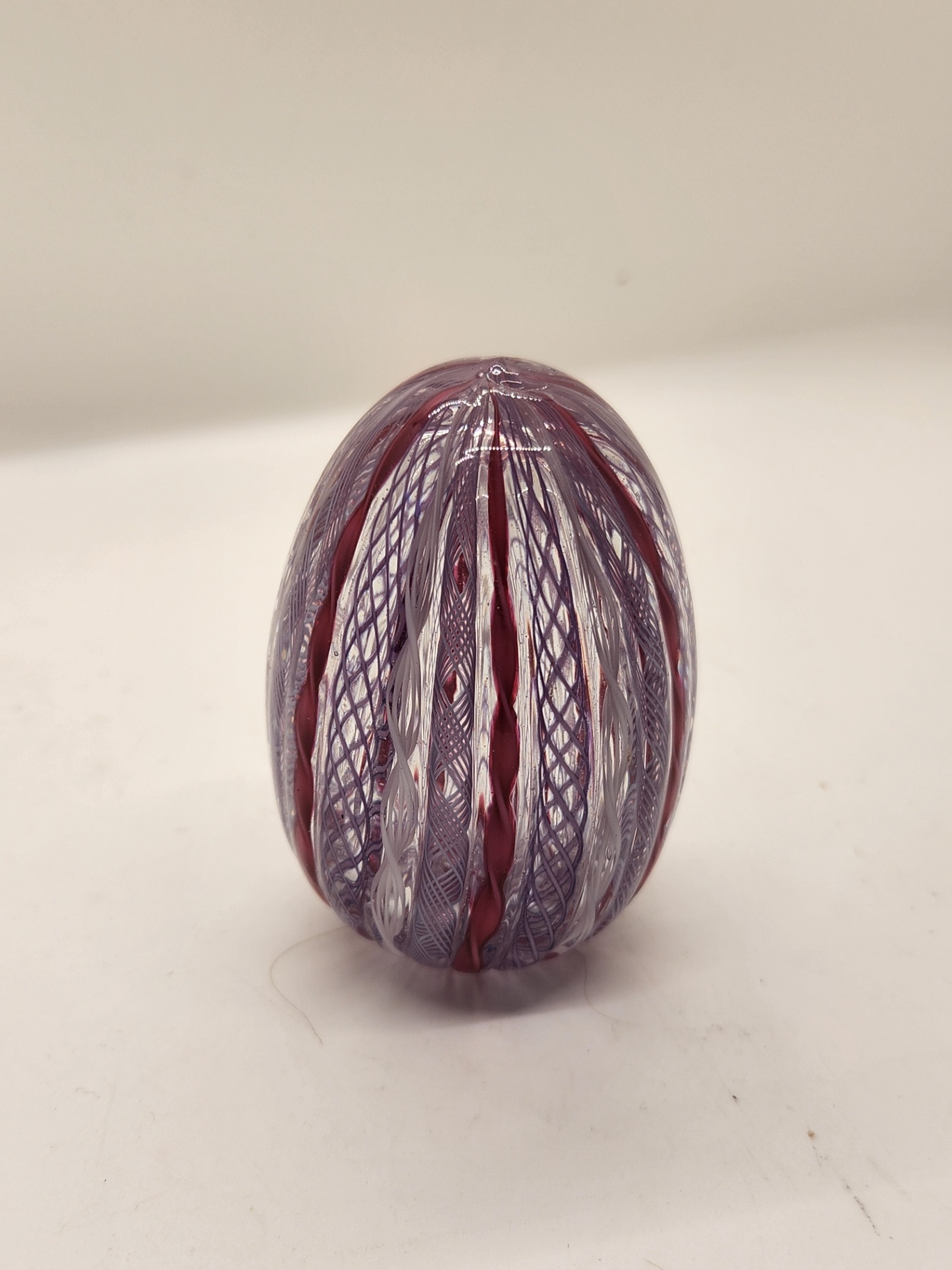 Hand Blown Art Glass Egg-Shaped Latticino Paperweight – Purple & Cranberry Ribbon Latticino Swirl Murano Paperweight - Maybe E Langbein - image 4 of 7
