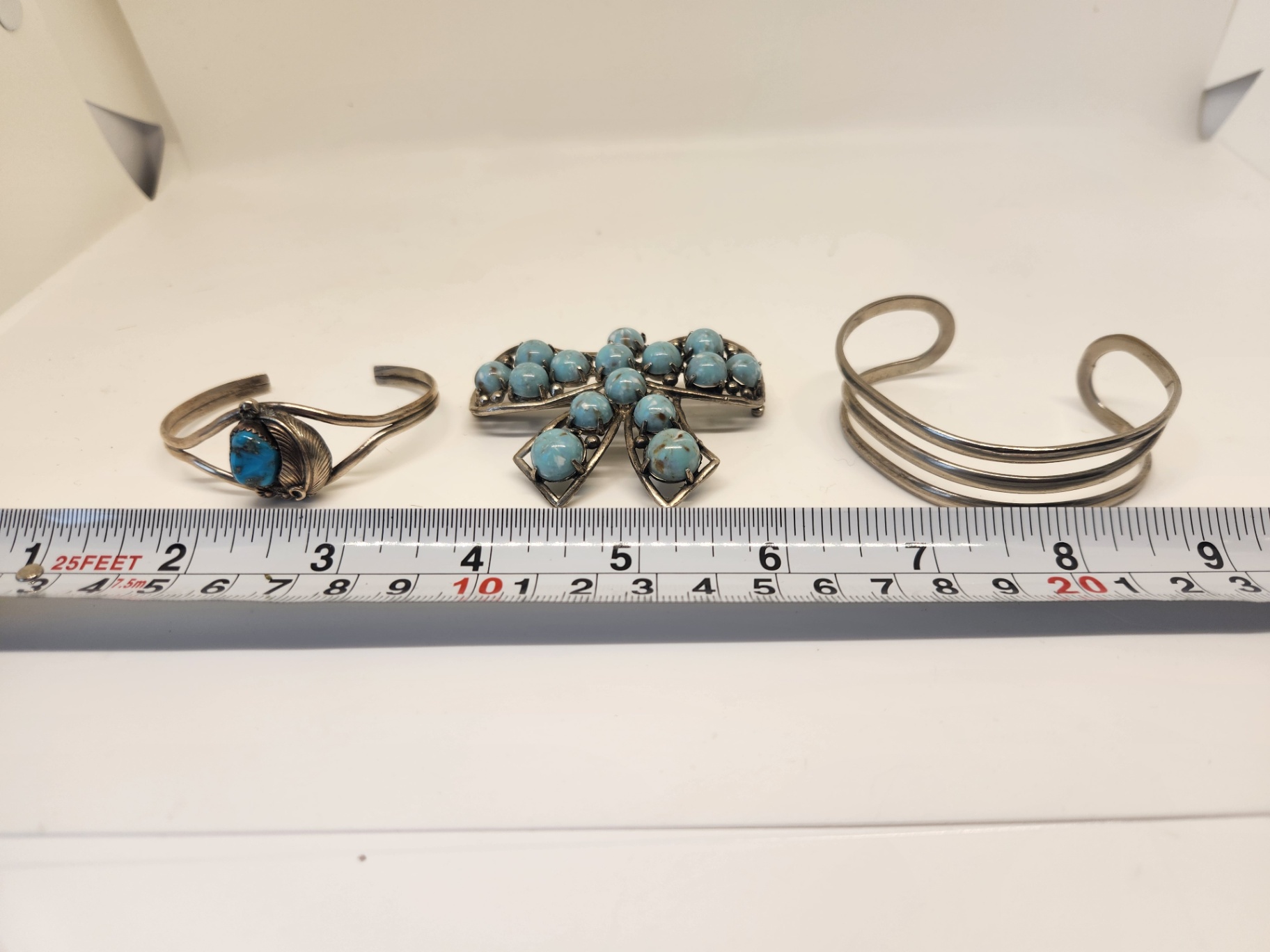 Sterling Silver Turquoise Jewelry Lot – Navajo Style Cuff + Turquoise Bow Brooch + Modernist 935 Cuff Bracelet - image 5 of 8