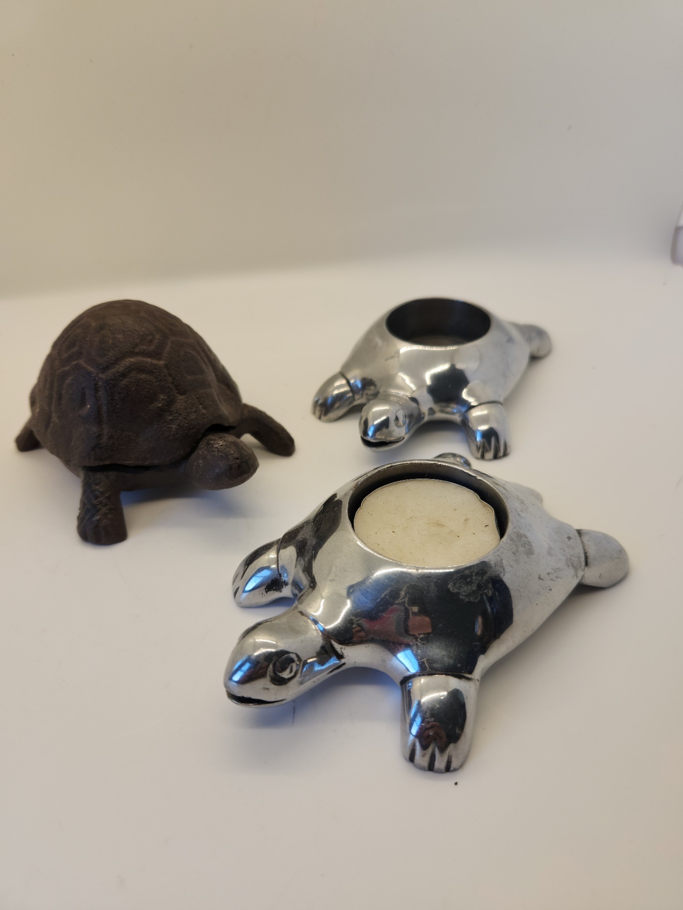 Whimsical Turtle Décor Lot – 2 Restoration Hardware Chrome Tealight Candle Holders & Carved Stone Turtle Key Safe / Trinket Box - image 1 of 5