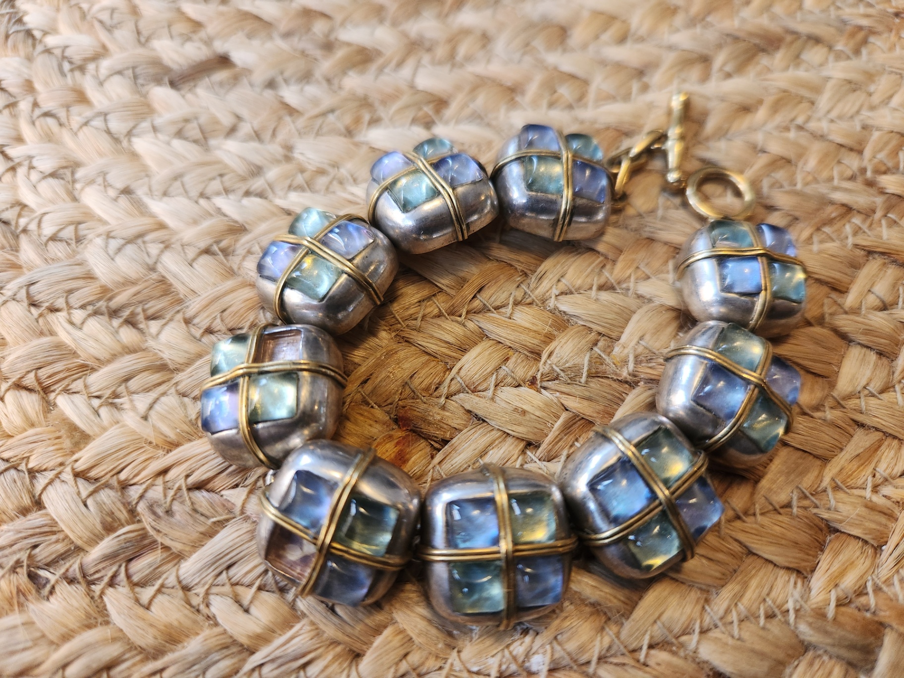 Signed Vaubel Bracelet – Iridescent Glass Stone Links – Mixed Metal – 2 Stones Missing ($6890 retail) - image 1 of 11