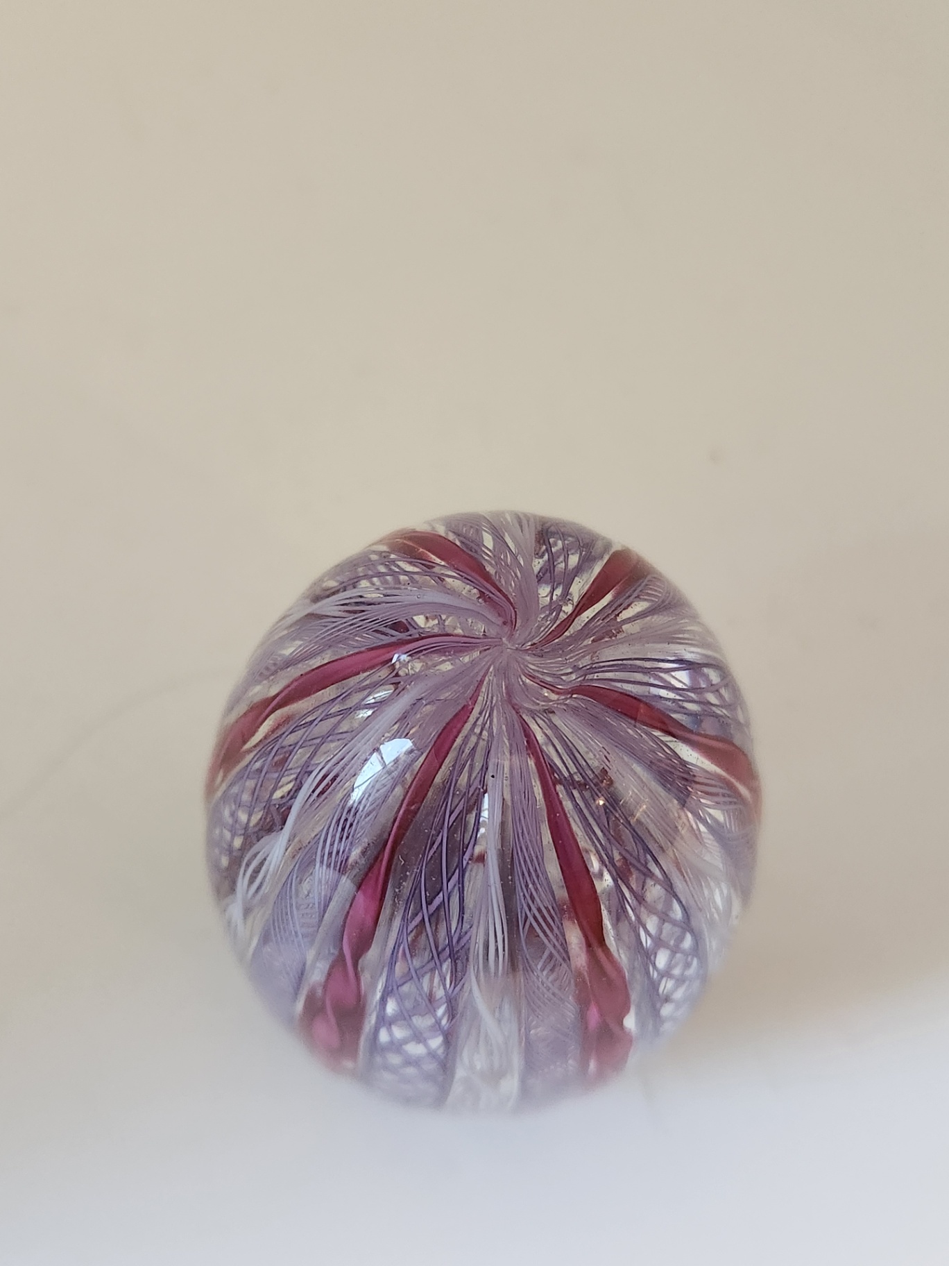 Hand Blown Art Glass Egg-Shaped Latticino Paperweight – Purple & Cranberry Ribbon Latticino Swirl Murano Paperweight - Maybe E Langbein - image 5 of 7