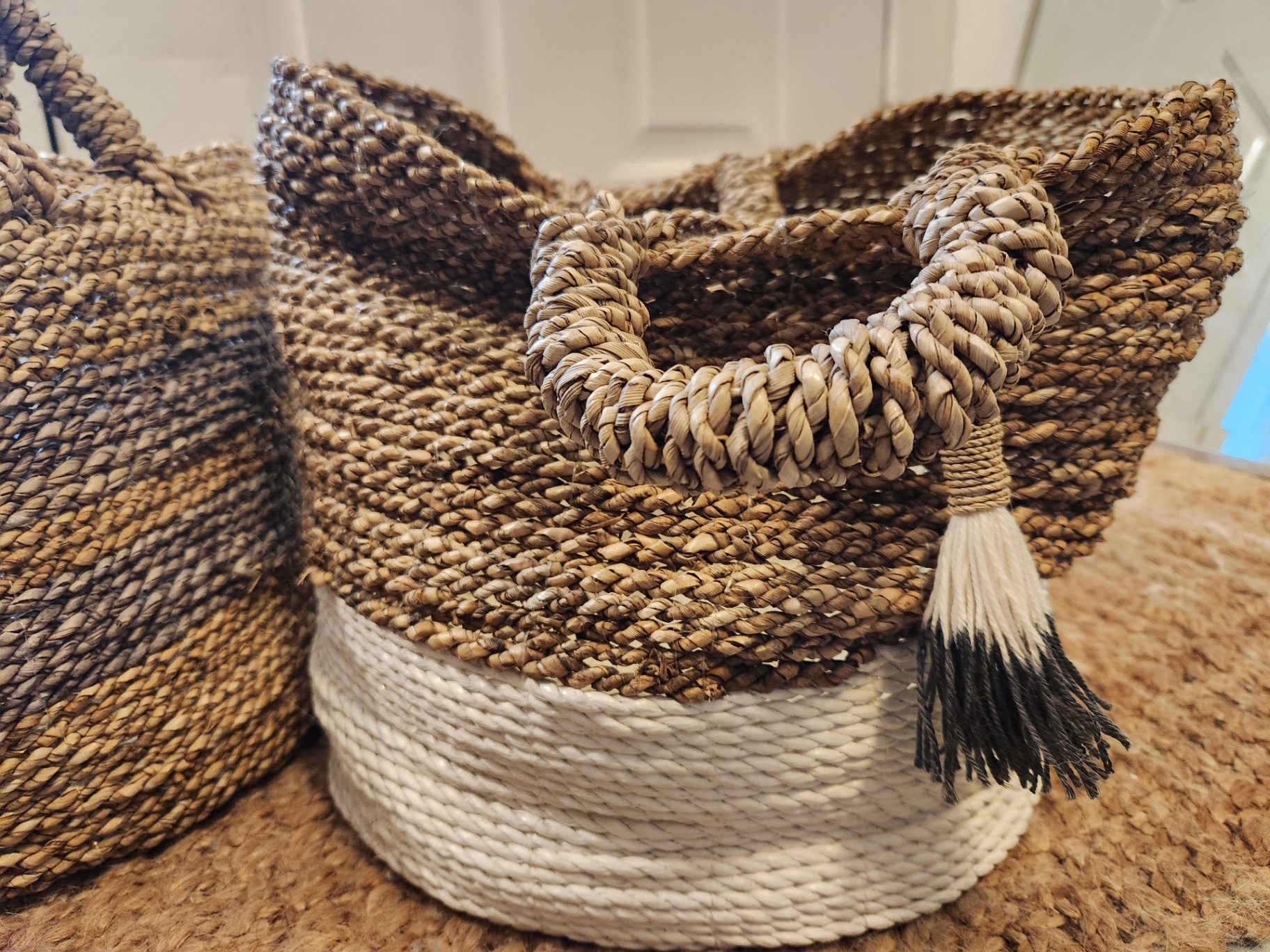 Set of 2 Large Handwoven Straw Storage Baskets w/ Handles & Tassel – Boho Coastal Decor, approx. 18” Tall - image 4 of 5