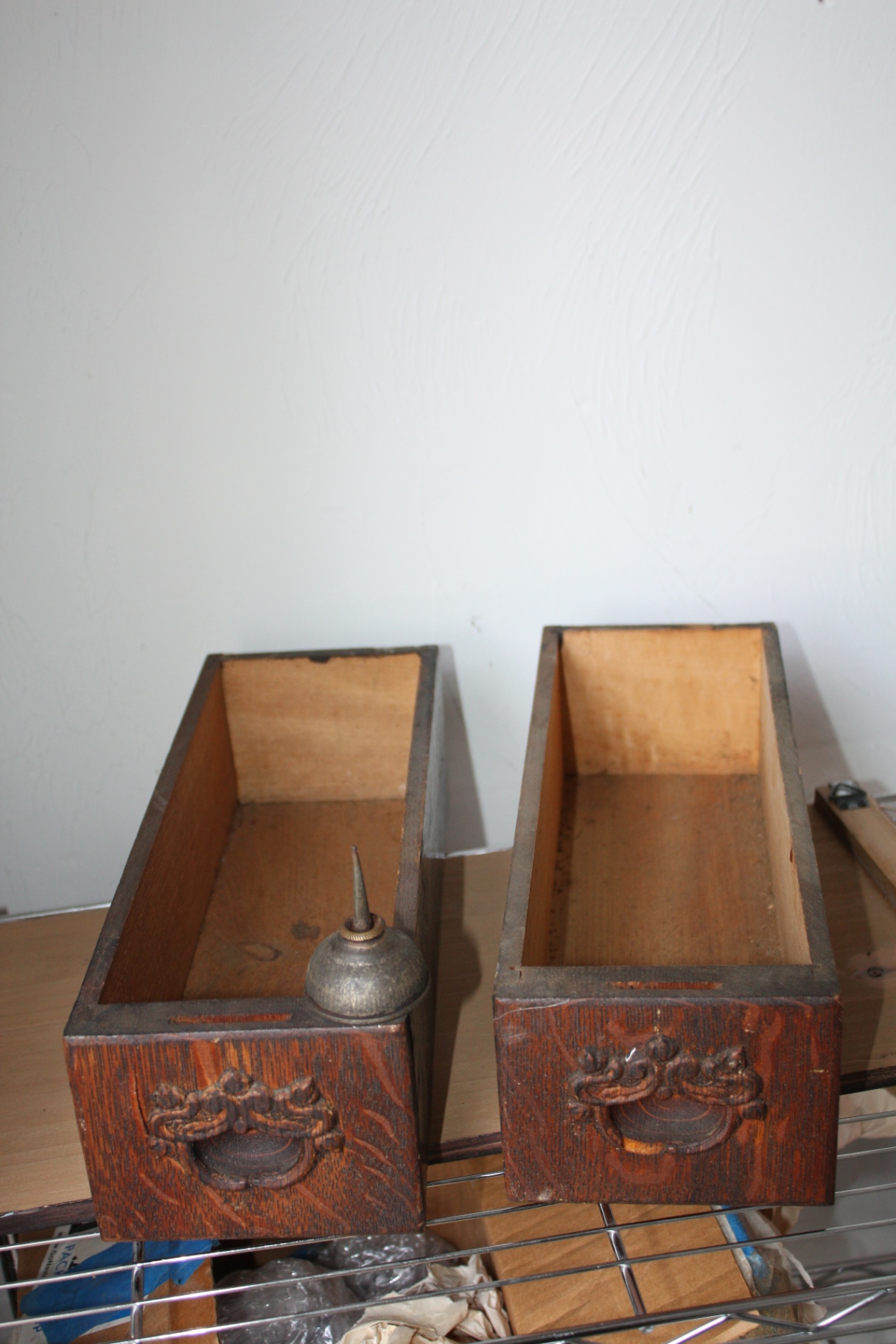 Pair Antique Quarter-Sawn Oak Sewing Machine Drawers with Ornate Pulls + Vintage Metal Oil Can - image 5 of 5