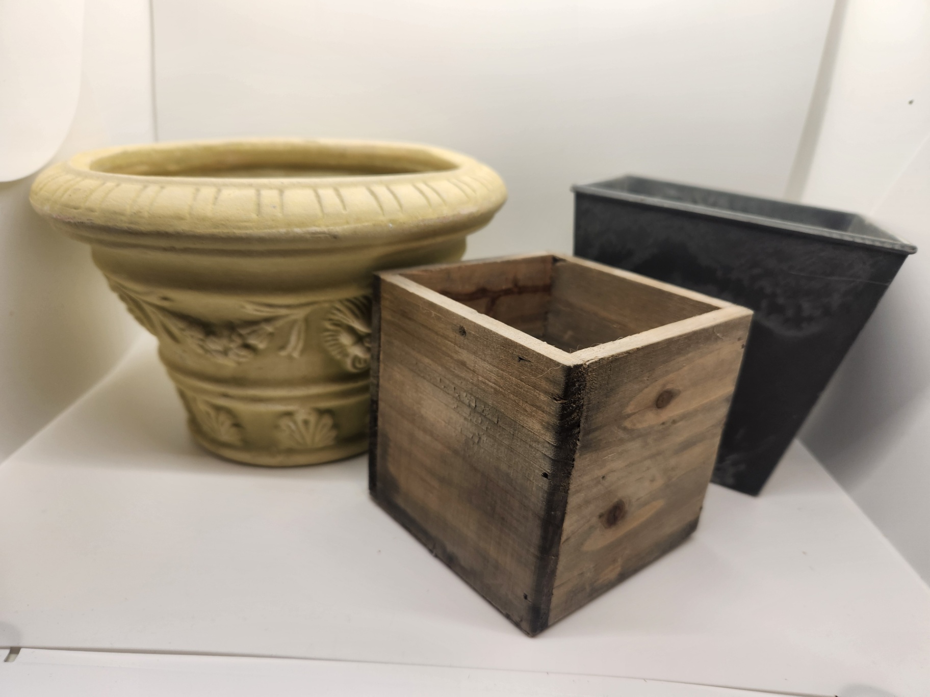 Group of Three Planters – Ceramic Urn, Wooden Box Planter & Black Metal Square Planter - image 6 of 7