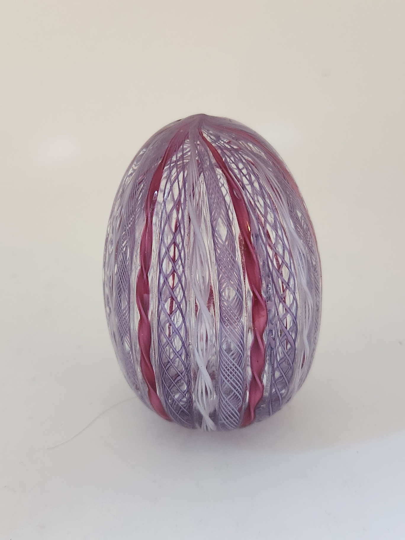 Hand Blown Art Glass Egg-Shaped Latticino Paperweight – Purple & Cranberry Ribbon Latticino Swirl Murano Paperweight - Maybe E Langbein - image 2 of 7