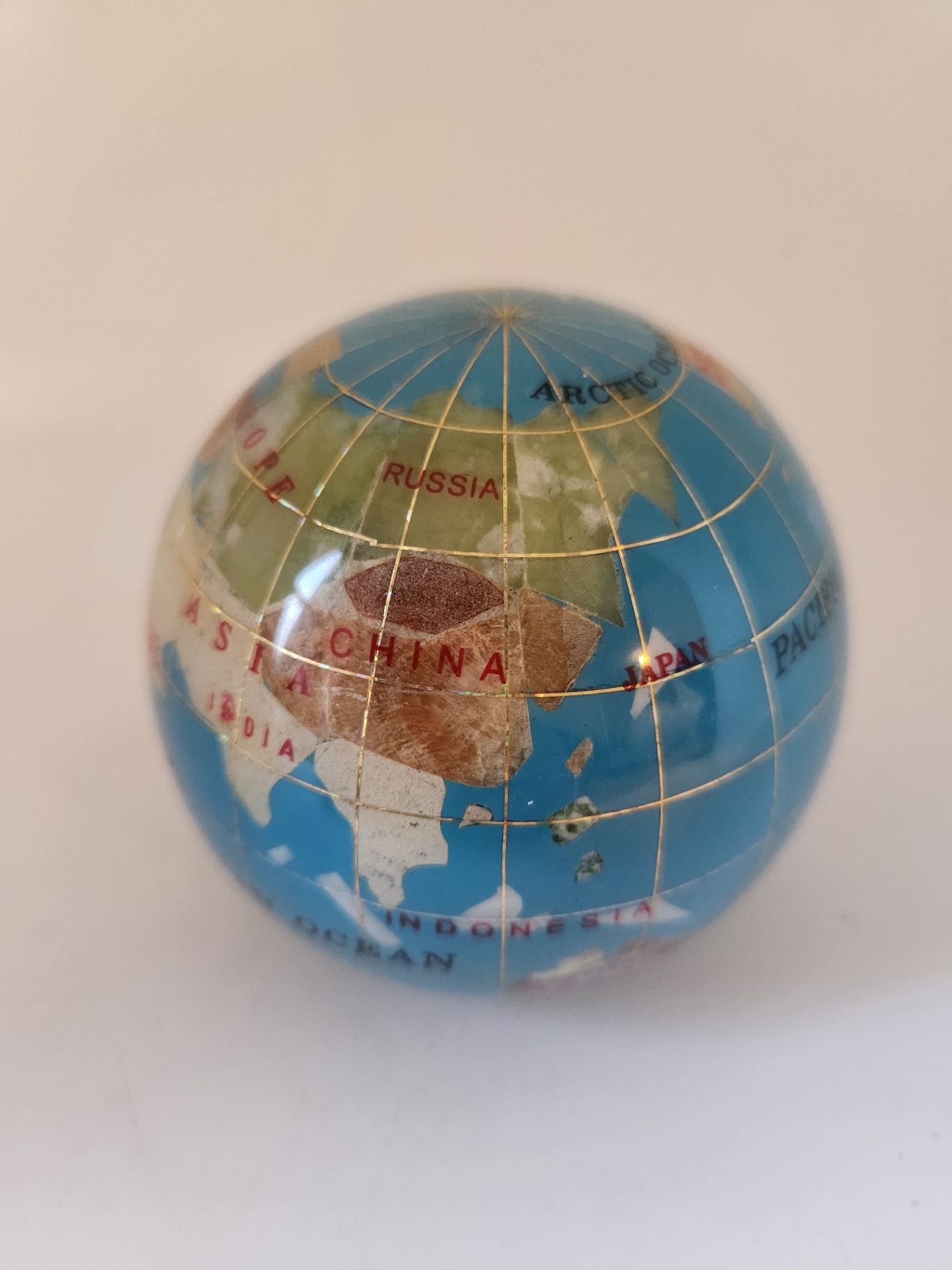 Vintage 3" Hardstone Semi-Precious Stone Inlay World Globe Paperweight – Pietra Dura Style – Flat Base - image 2 of 7