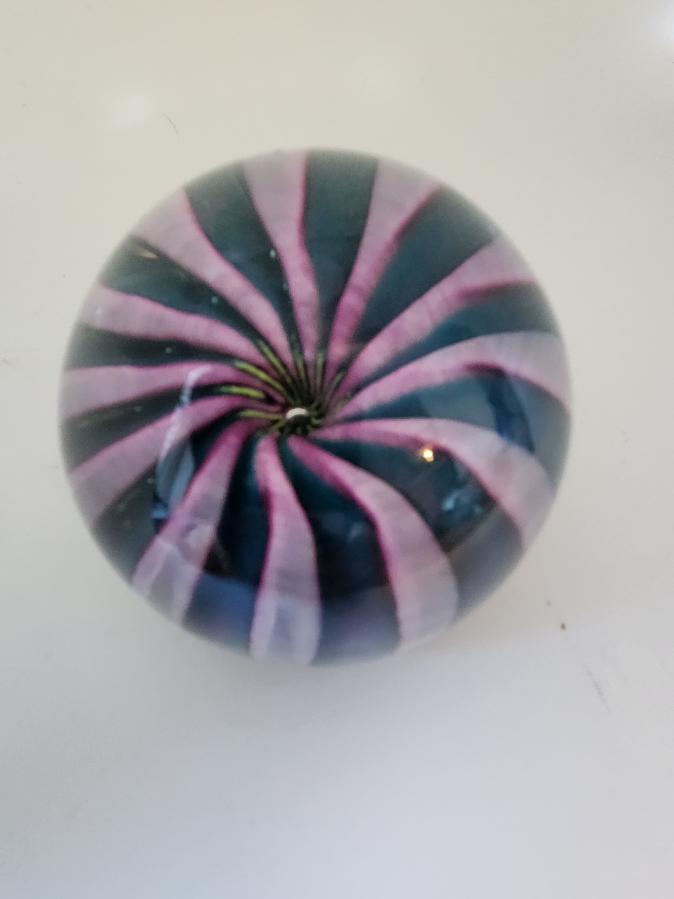 Epiphany Studio April Wagner Art Glass Teal & Lavender Bloom Paperweight, Signed early 2000s - image 2 of 4