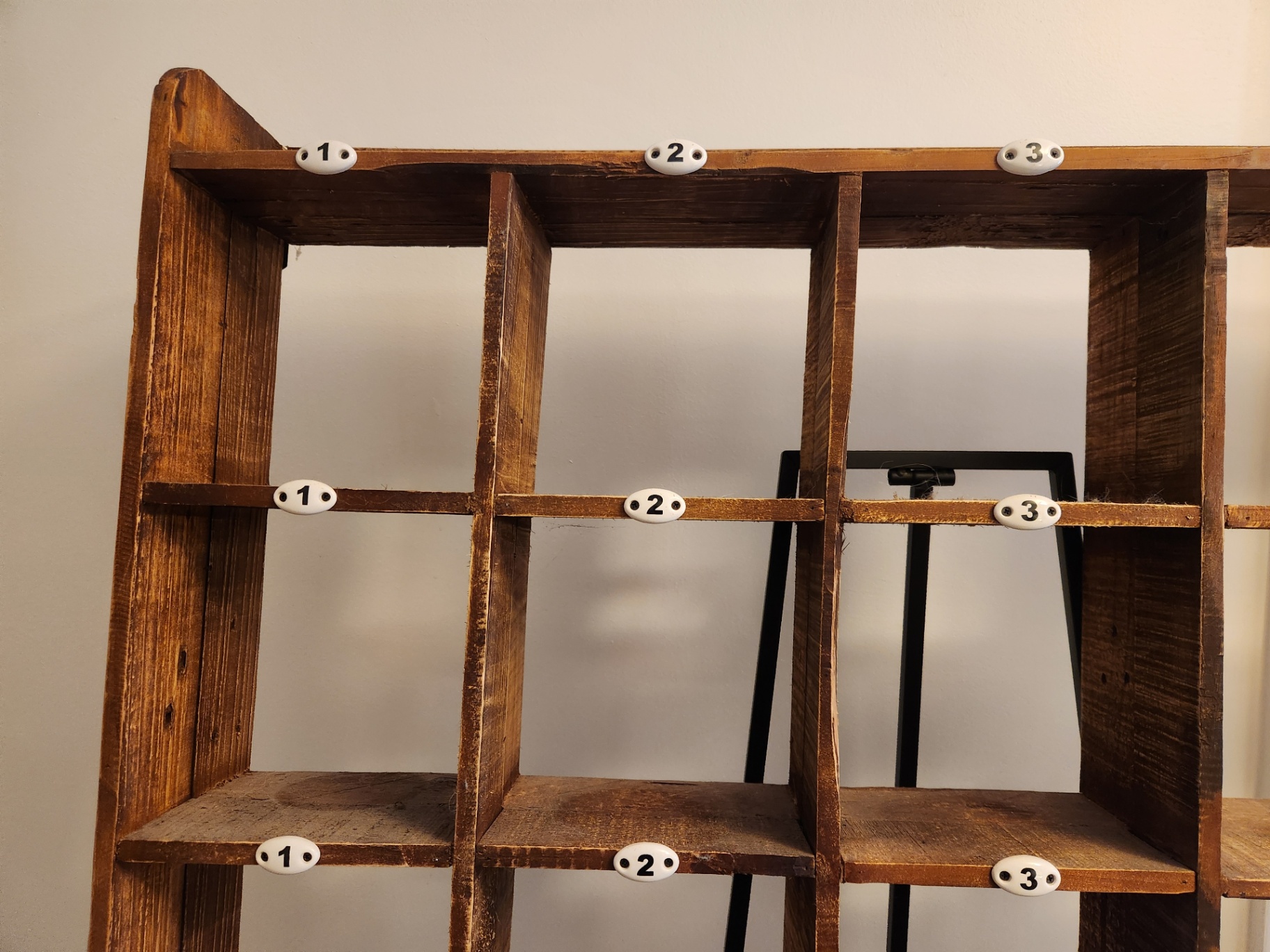 Vintage Wooden Shop Cubby Cabinet with Original Porcelain Number Tags – 20-Compartment Stockroom / Display Rack (c. 1930s–1950s) - image 4 of 6