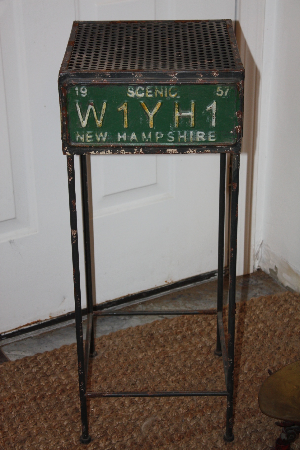 Vintage Industrial License-Plate Pedestal Stand – New Hampshire & California Plates, Perforated Steel Top - image 1 of 8