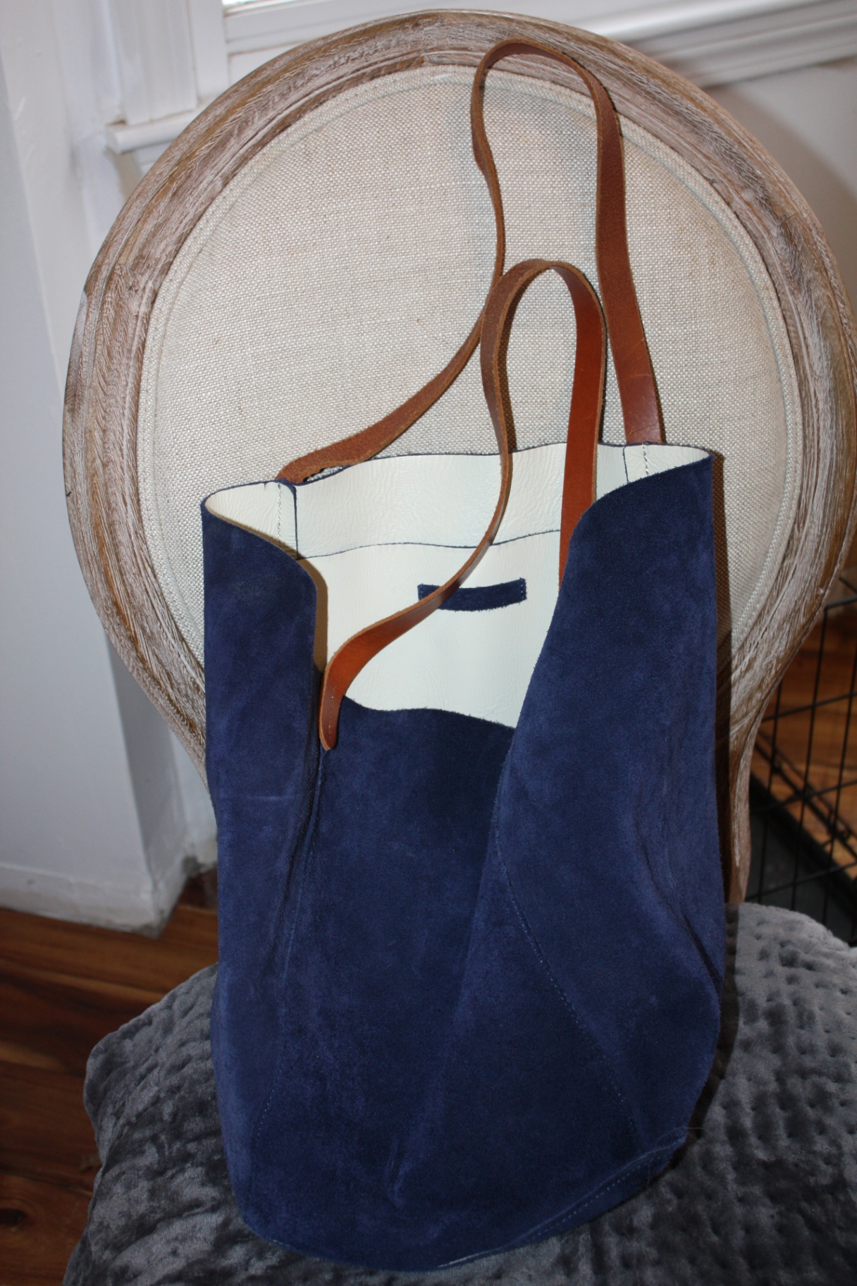 Mark & Graham Blue Suede Leather Tote with Brown Leather Straps - image 3 of 6