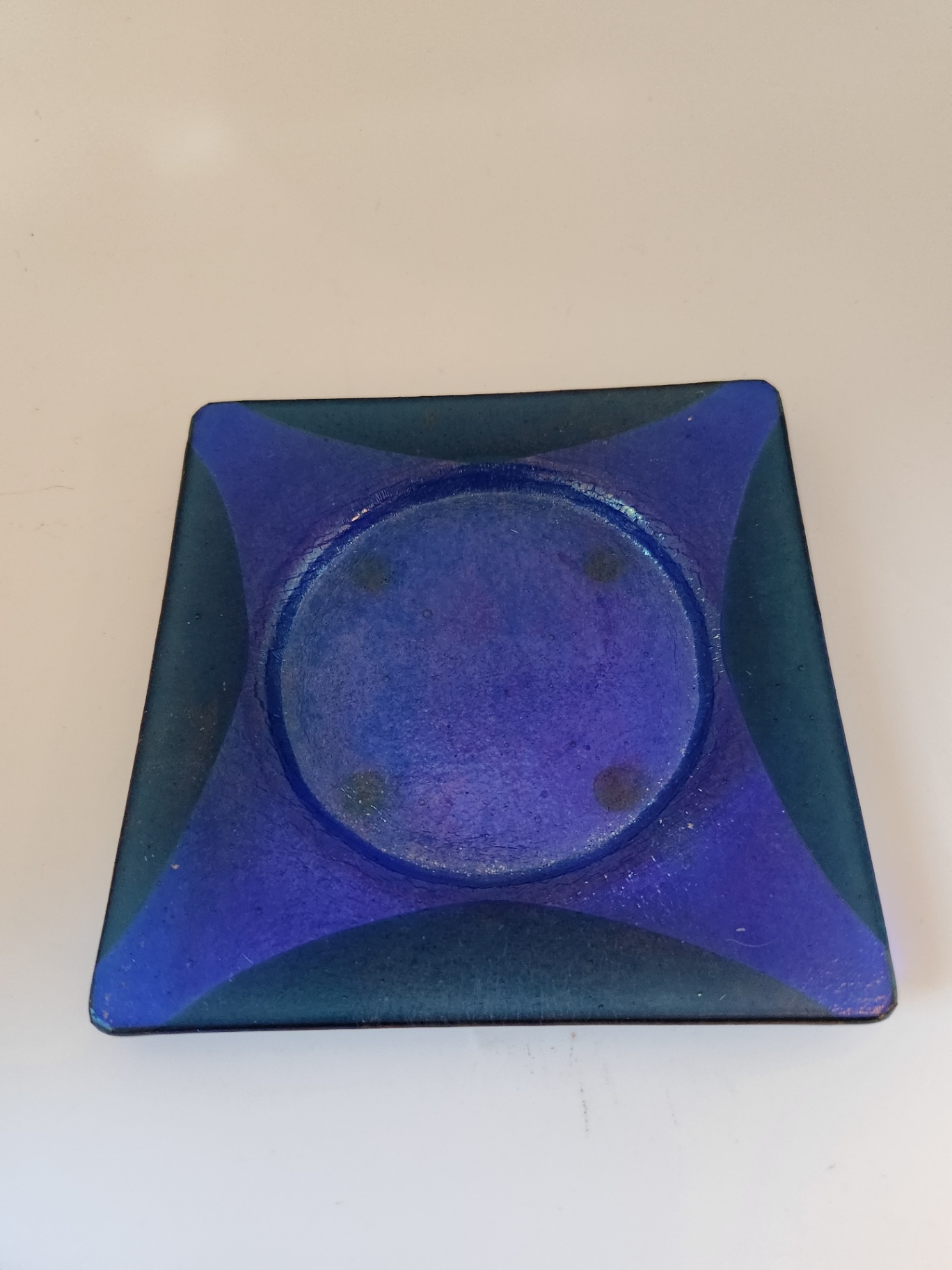 Blue Dichroic-Style Fused Glass Square Plate with Cobalt Blue Art Glass Vase – Contemporary Studio Glass Pair - image 2 of 7