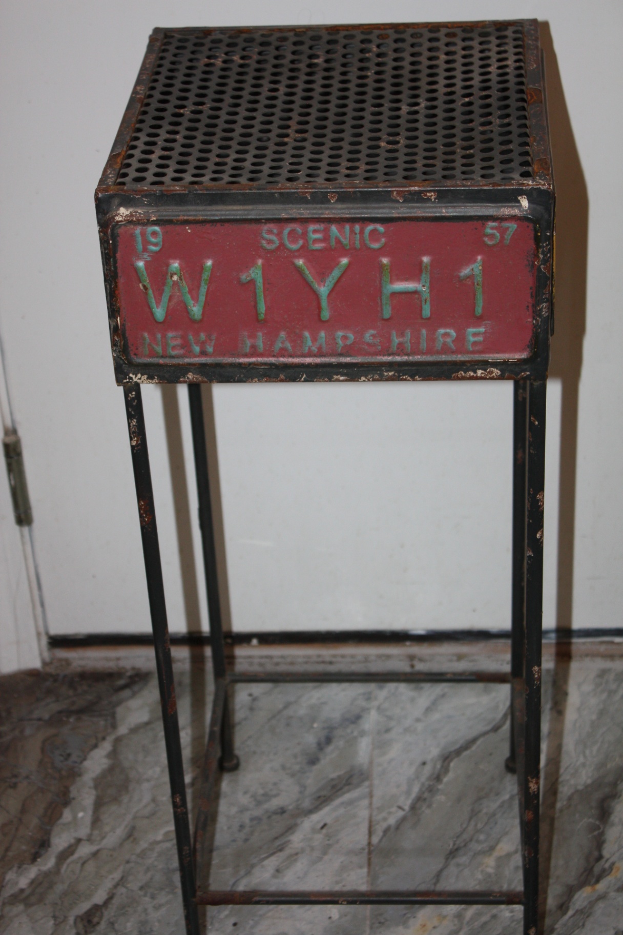 Vintage Industrial License-Plate Pedestal Stand – New Hampshire & California Plates, Perforated Steel Top - image 3 of 8