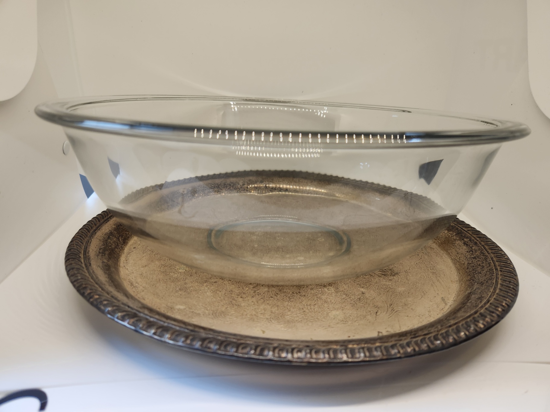 12” Clear Pyrex Glass Serving / Baking Dish + Vintage Wm. Rogers Silverplate Tray (Etched Floral Rope Edge) - image 3 of 5